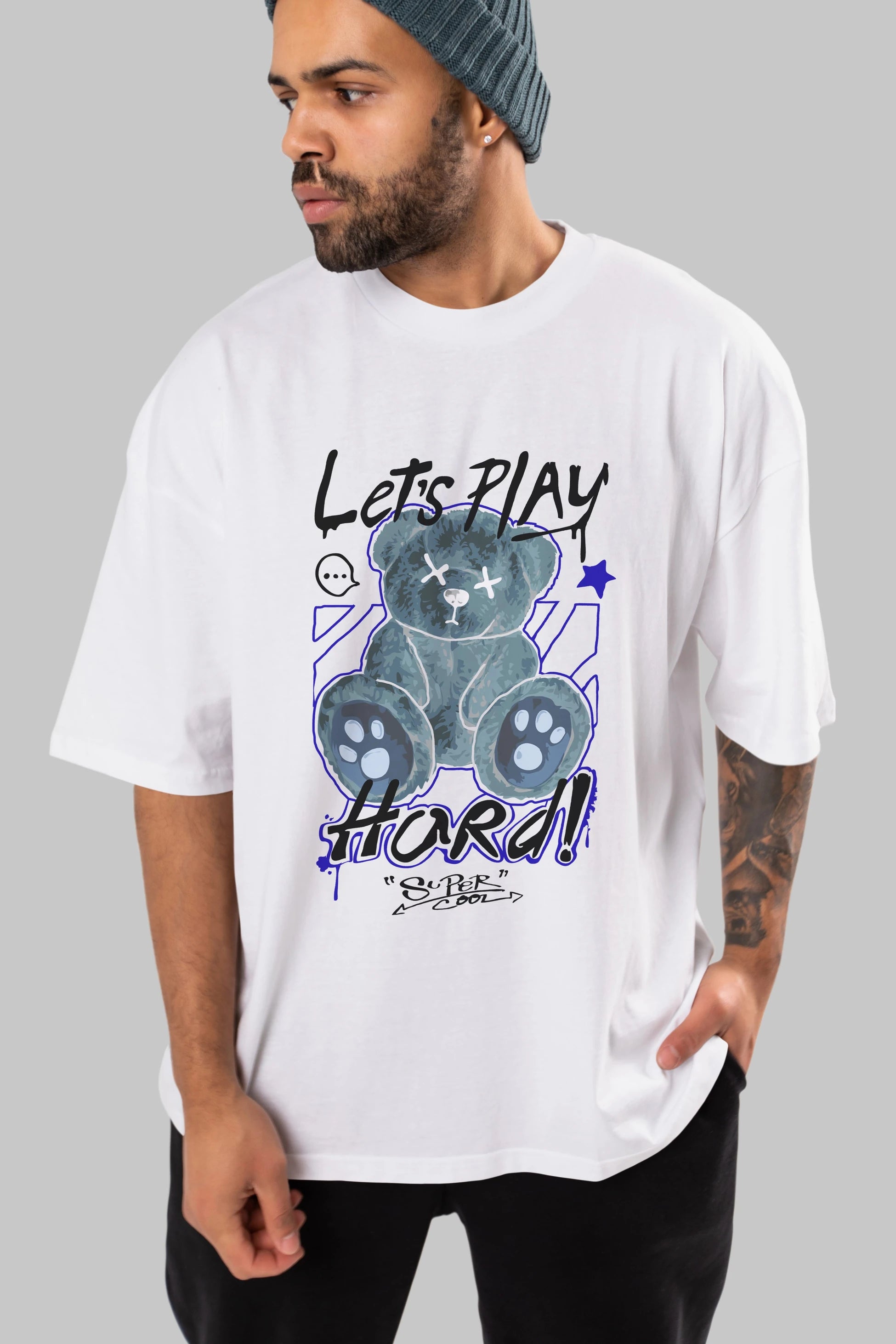 Lets Play Hard Bear Ön Baskılı Oversize t-shirt Erkek Kadın Unisex