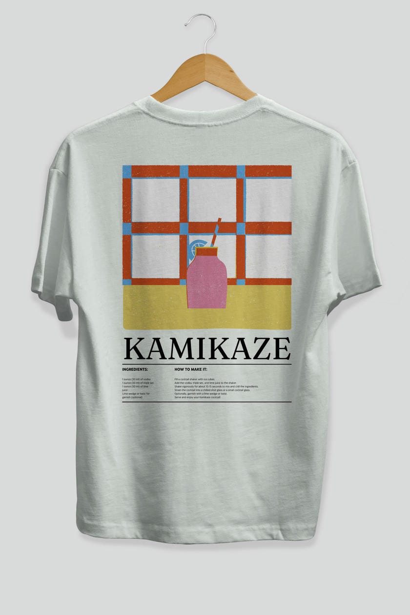 Kamikaze Kokteyl Serisi Arka Baskılı Oversize t-shirt Erkek Kadın %100 Pamuk Bisiklet Yaka tişort