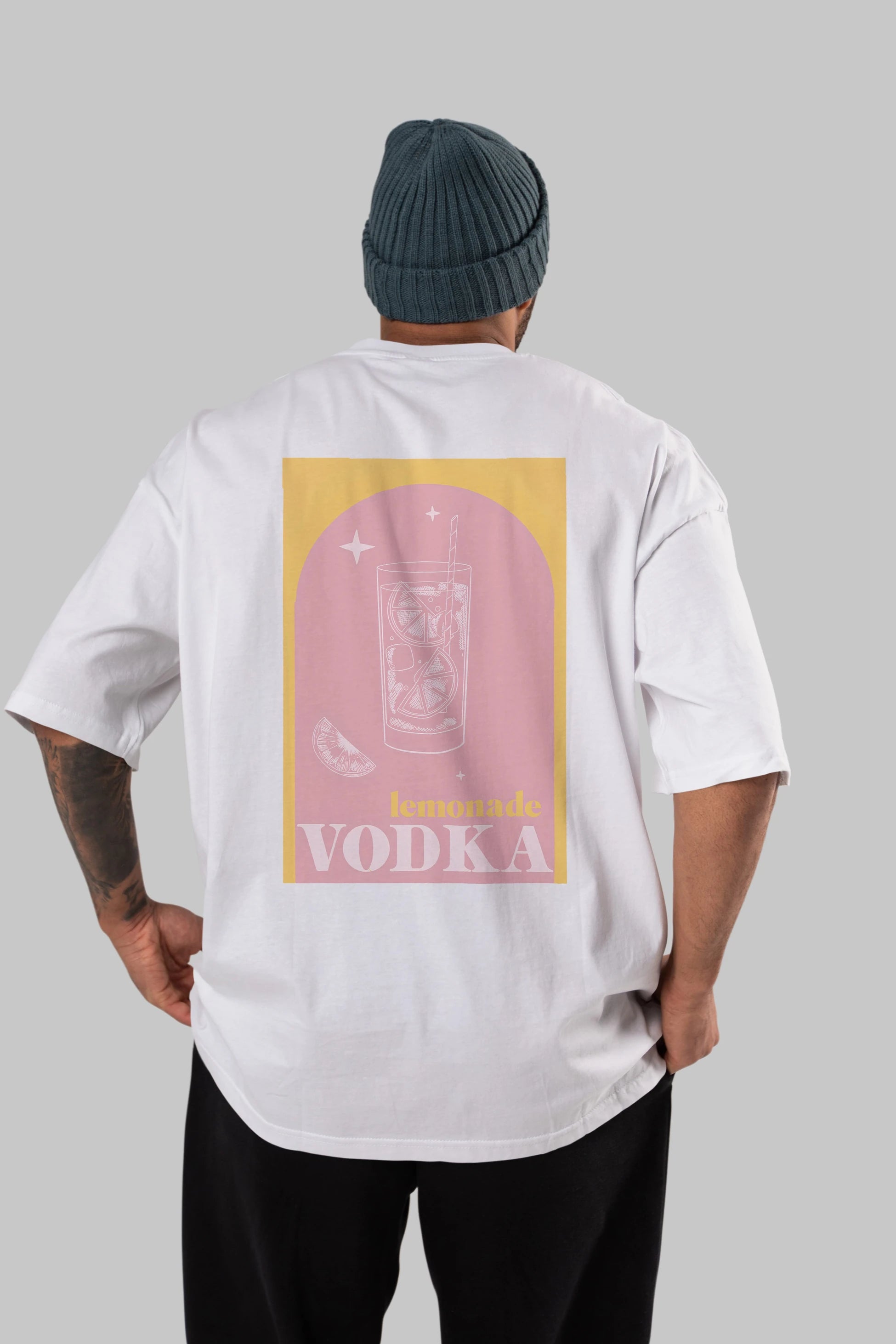 Vodka Limon Arka Baskılı Oversize t-shirt Erkek Kadın Unisex %100 Pamuk Bisiklet Yaka tişort