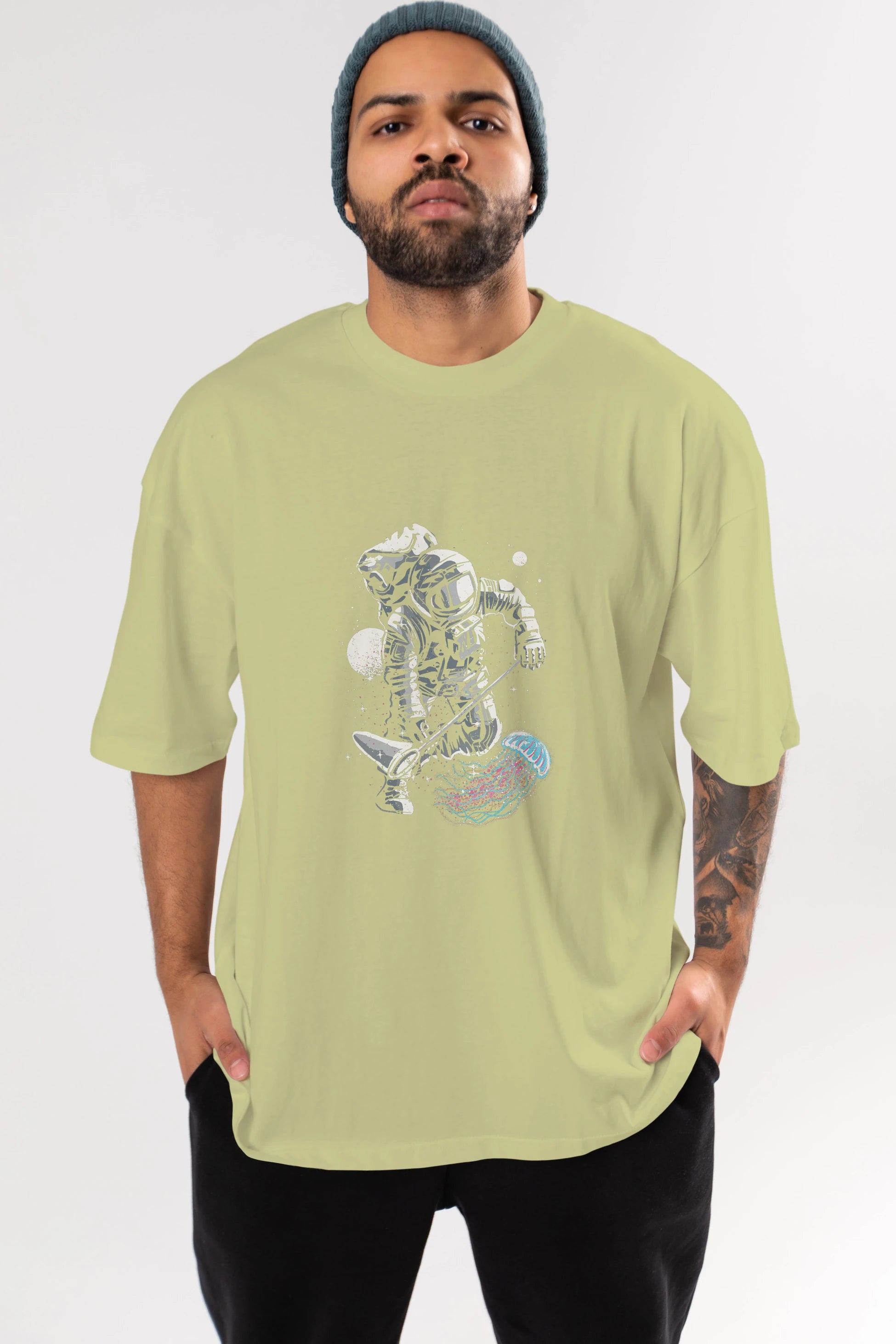 Astronaut Jellyfish Ön Baskılı Oversize t-shirt Erkek Kadın Unisex %100 Pamuk tişort