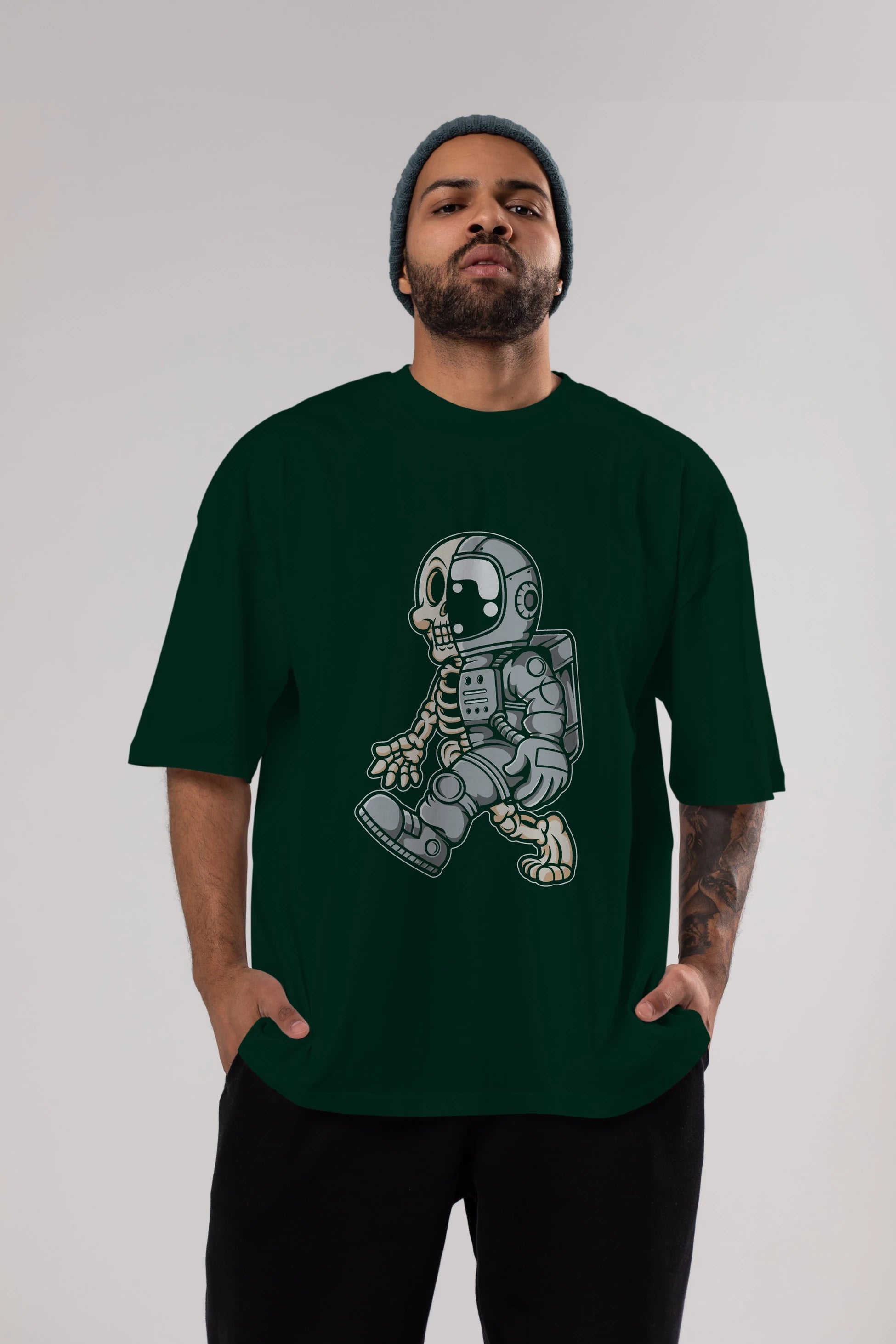 Astronaut Half Skull Ön Baskılı Oversize t-shirt Erkek Kadın Unisex