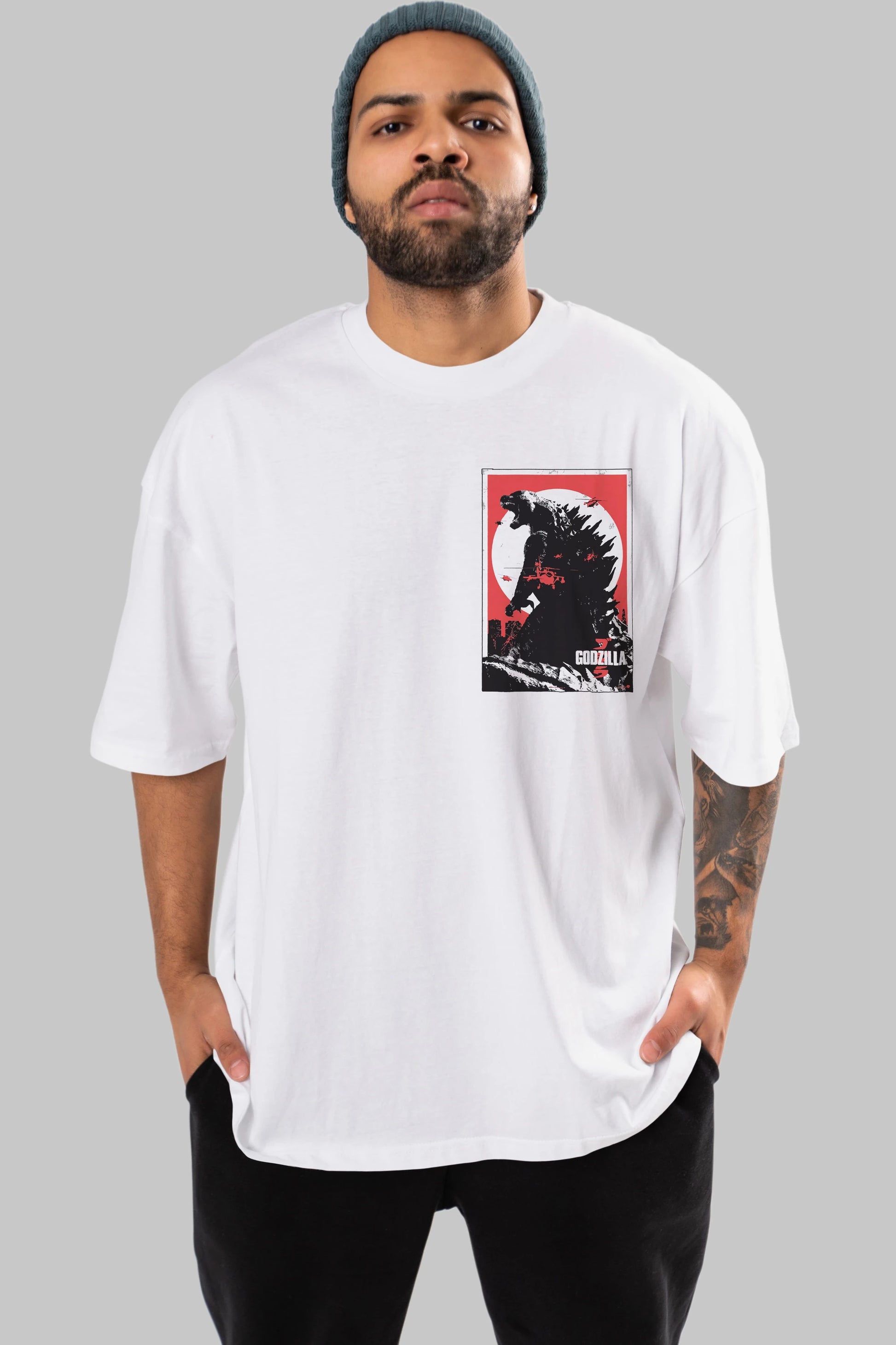 Godzilla (2) Ön Sol Baskılı Oversize t-shirt Erkek Kadın Unisex %100 Pamuk Bisiklet Yaka tişort