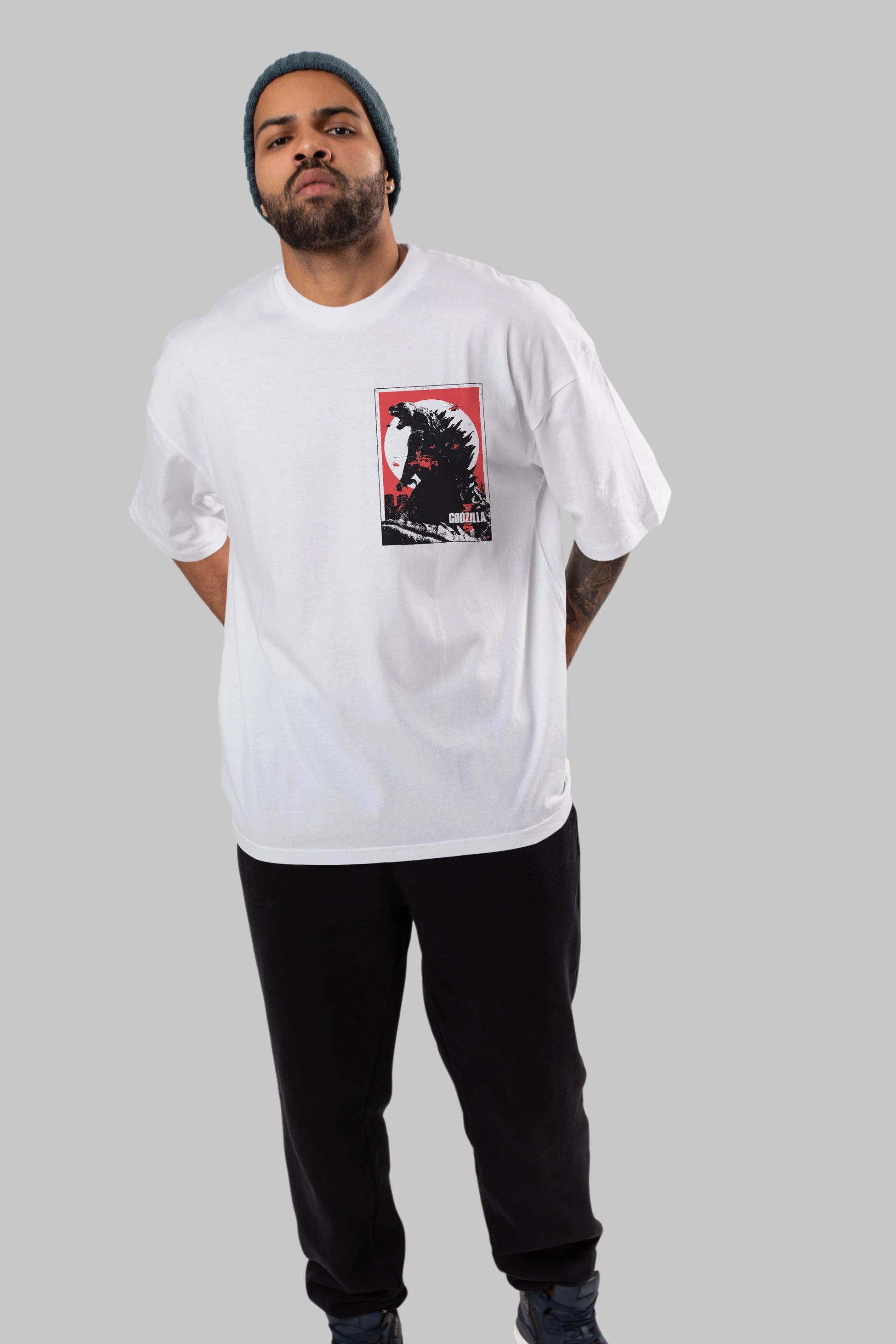 Godzilla (2) Ön Sol Baskılı Oversize t-shirt Erkek Kadın Unisex %100 Pamuk Bisiklet Yaka tişort