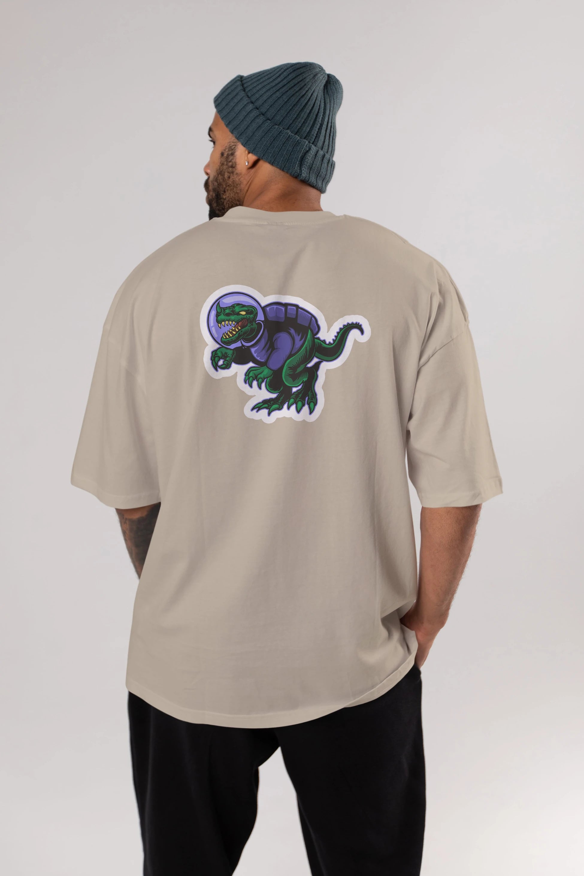 Space Dino Sticker Arka Baskılı Oversize t-shirt Erkek Kadın Unisex