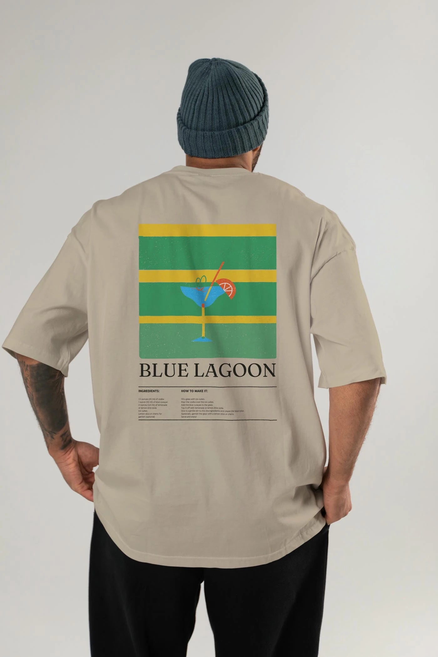 Blue Lagoon Kokteyl Serisi Arka Baskılı Oversize t-shirt Erkek Kadın %100 Pamuk Bisiklet Yaka tişort