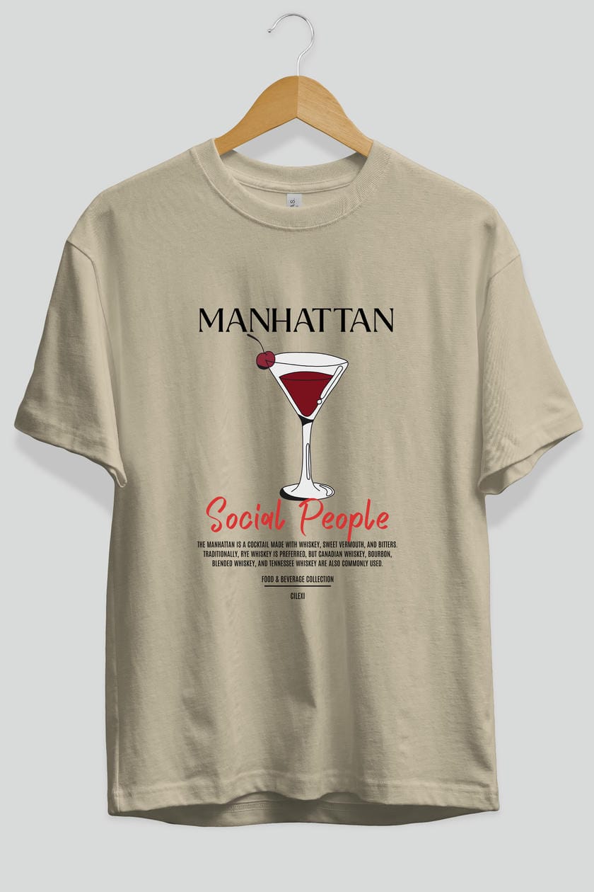Manhattan Kokteyl Serisi ön Baskılı Oversize t-shirt Erkek Kadın %100 Pamuk Bisiklet Yaka tişort