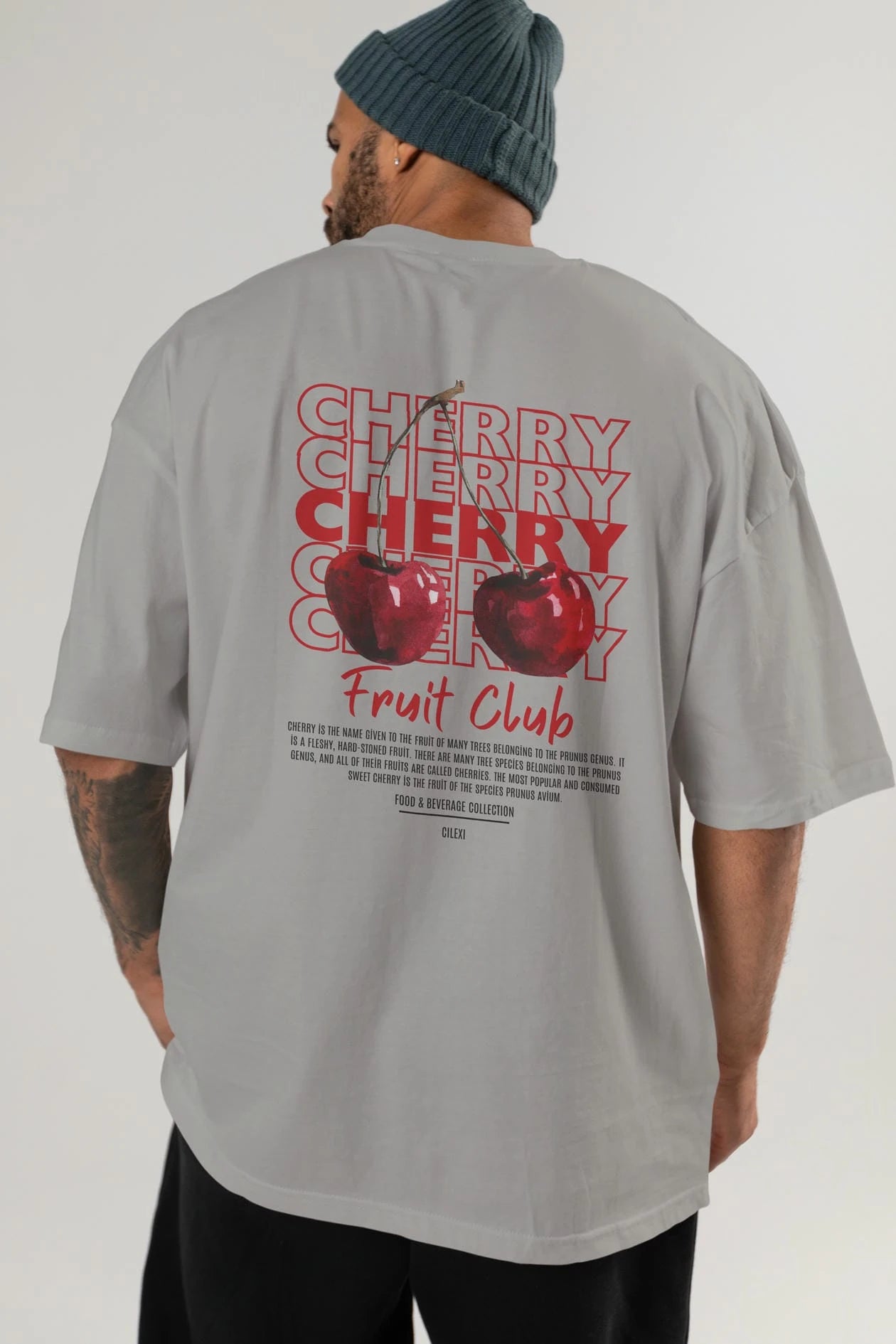 Cherry Arka Baskılı Oversize t-shirt Erkek Kadın Pamuk Bisiklet Yaka tişort