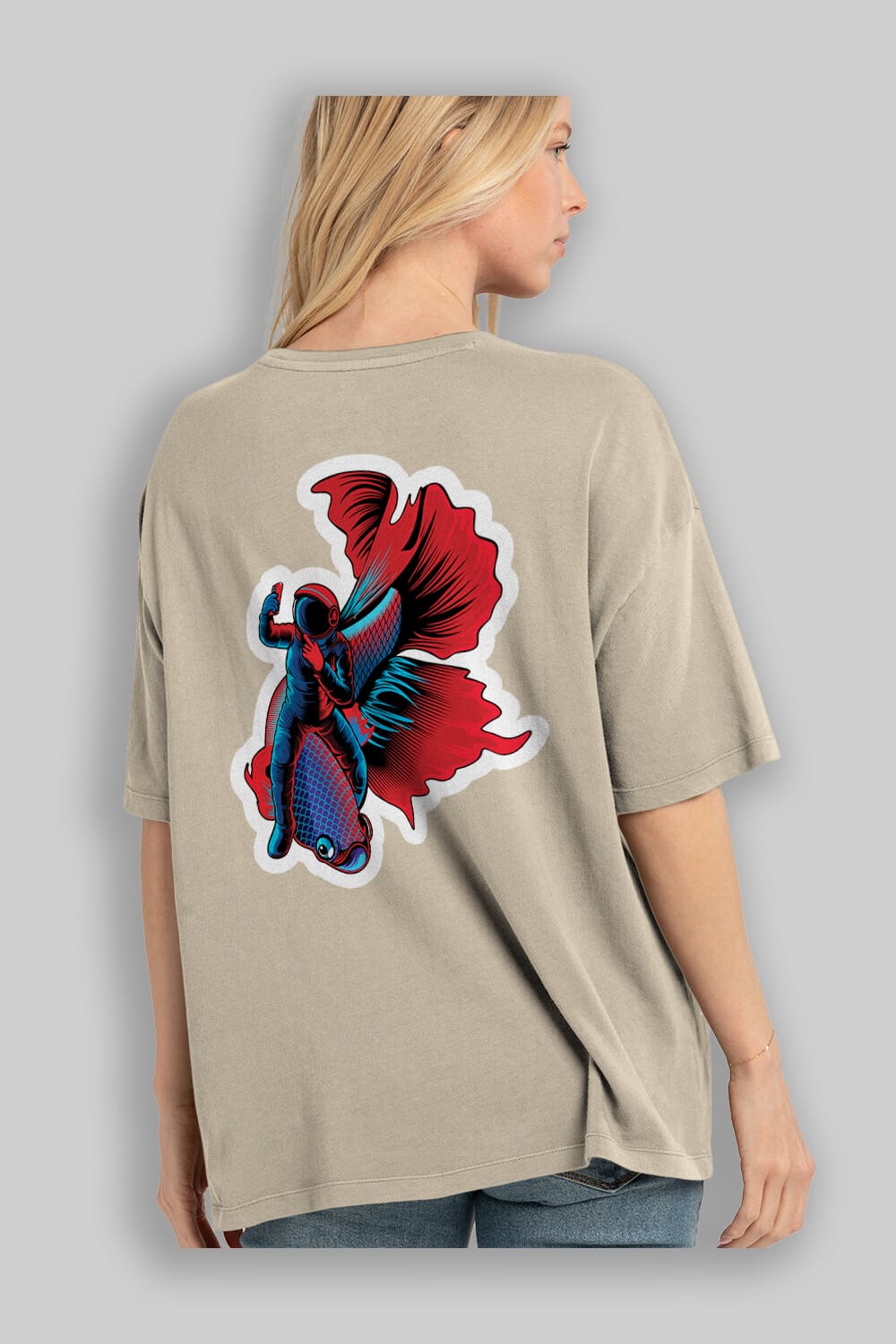Astrofish selfie sticker Arka Baskılı Oversize t-shirt Erkek Kadın Unisex