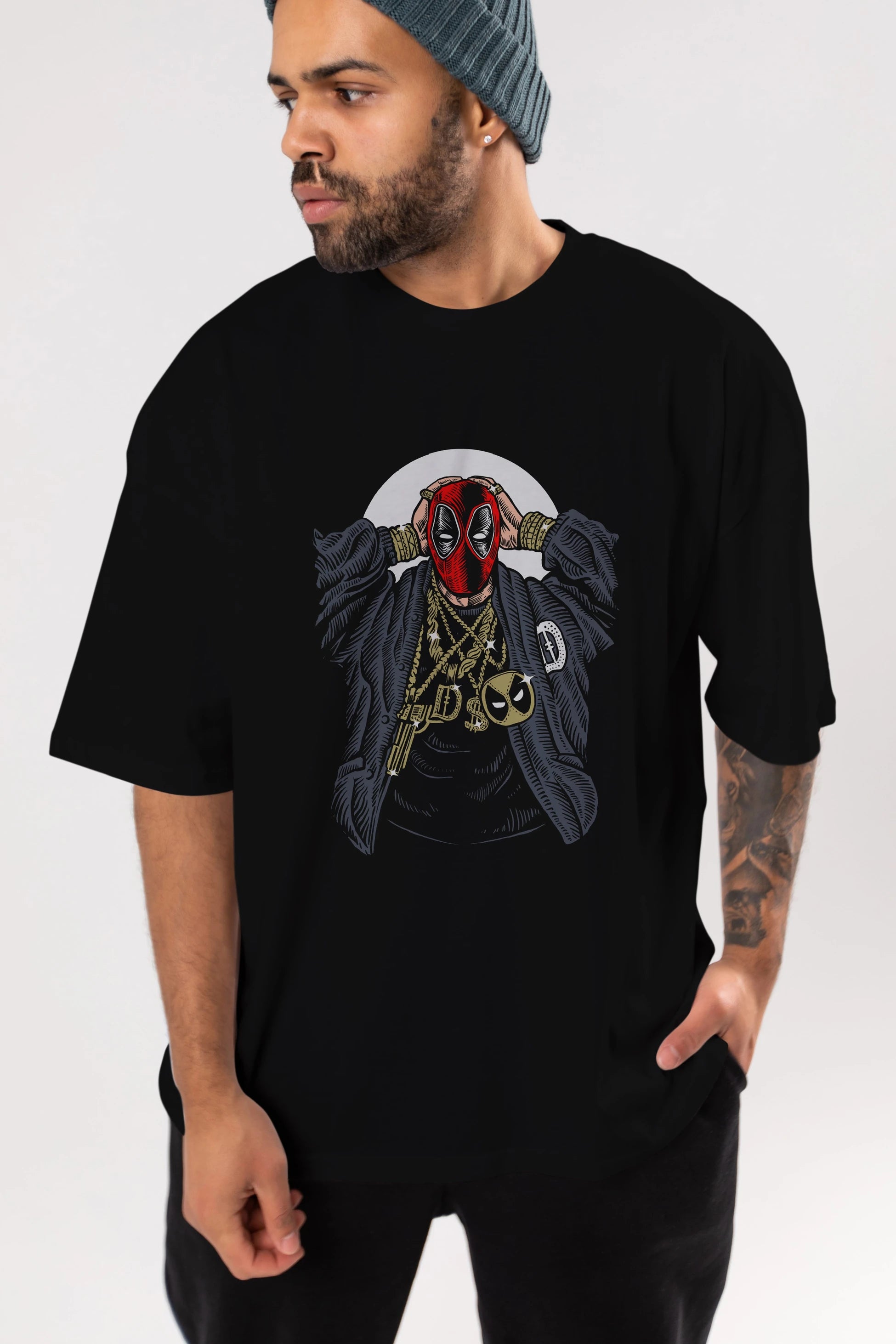 Deadpool Gangsta Ön Baskılı Oversize t-shirt Erkek Kadın Unisex %100 Pamuk tişort