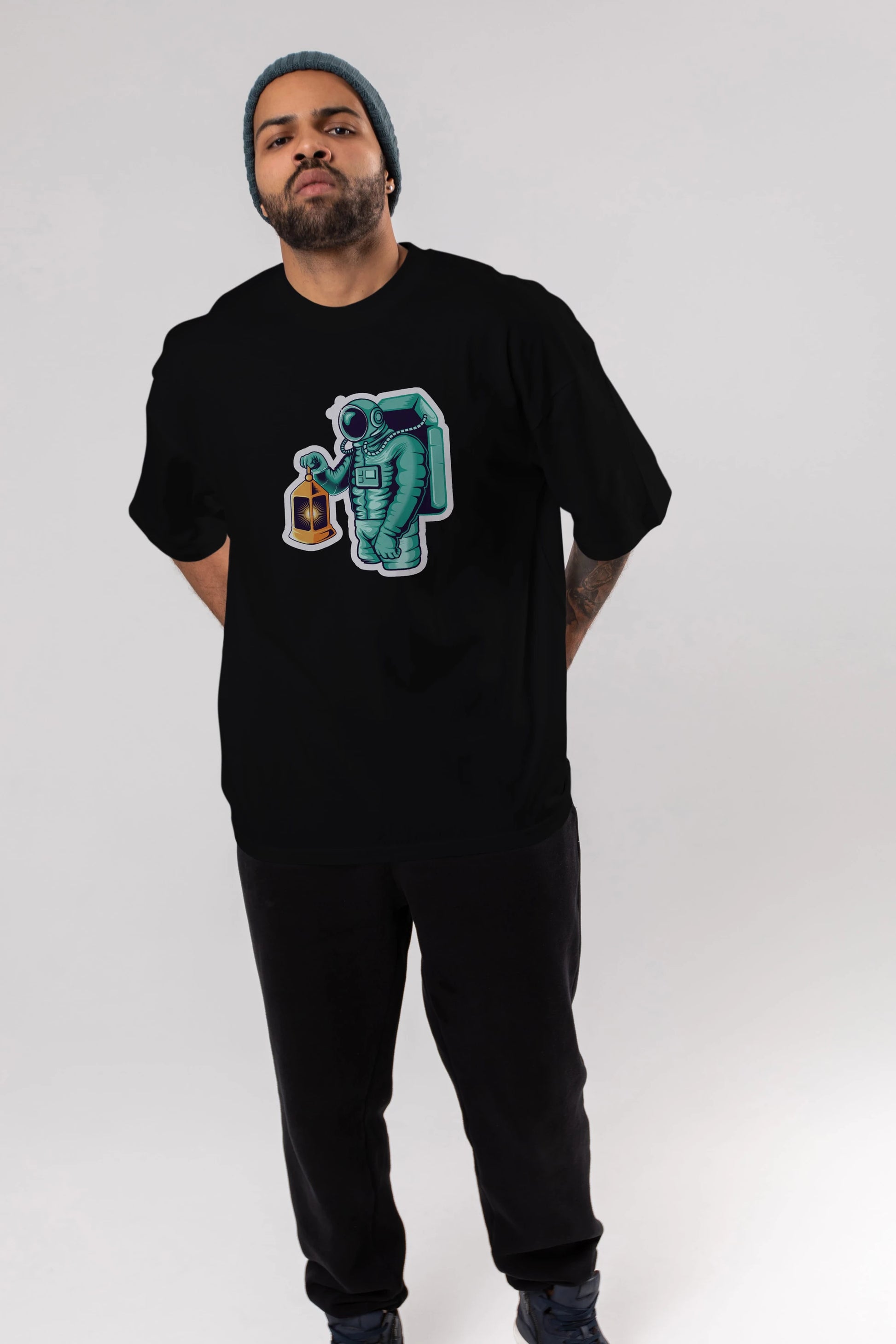 Astronaut Lantern Sticker Ön Baskılı Oversize t-shirt Erkek Kadın Unisex