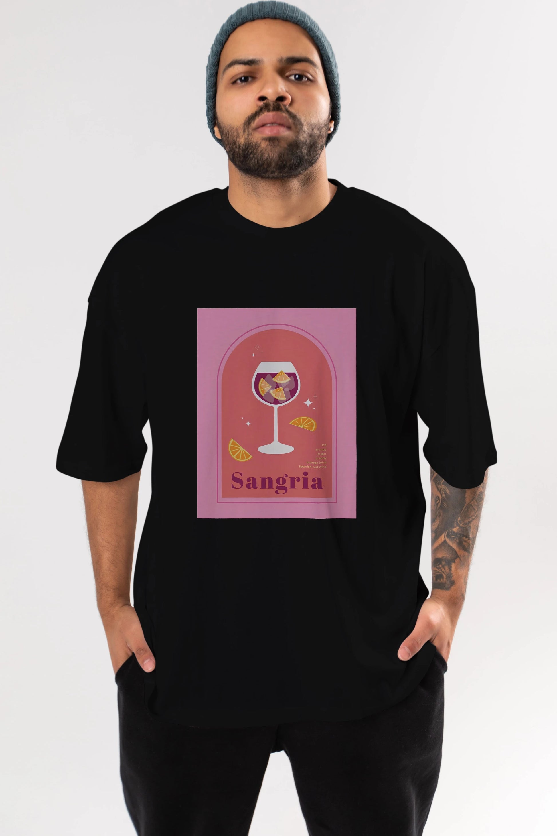 Sangria Ön Baskılı Oversize t-shirt Erkek Kadın Unisex %100 Pamuk Bisiklet Yaka tişort