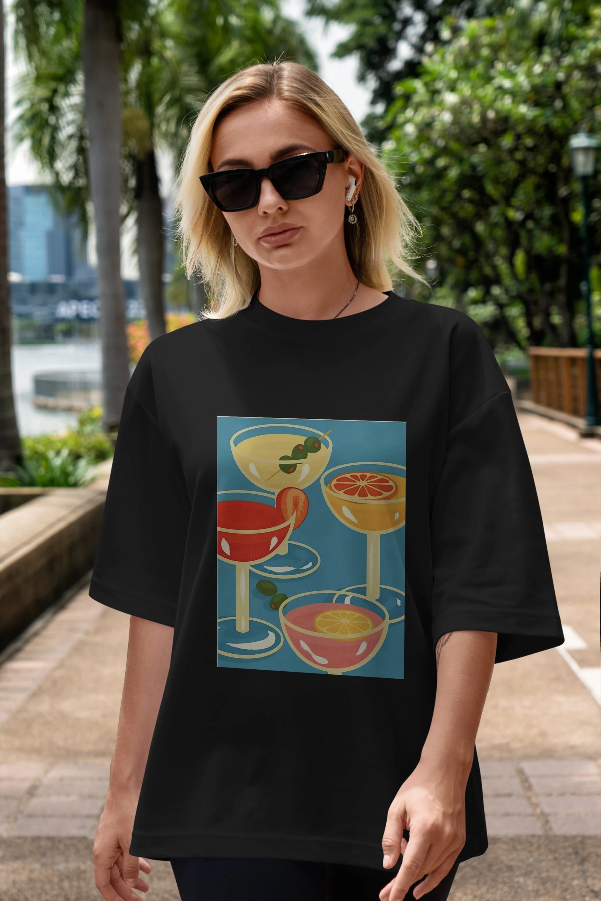 Cocktails Ön Baskılı Oversize t-shirt Erkek Kadın Unisex %100 Pamuk Bisiklet Yaka tişort