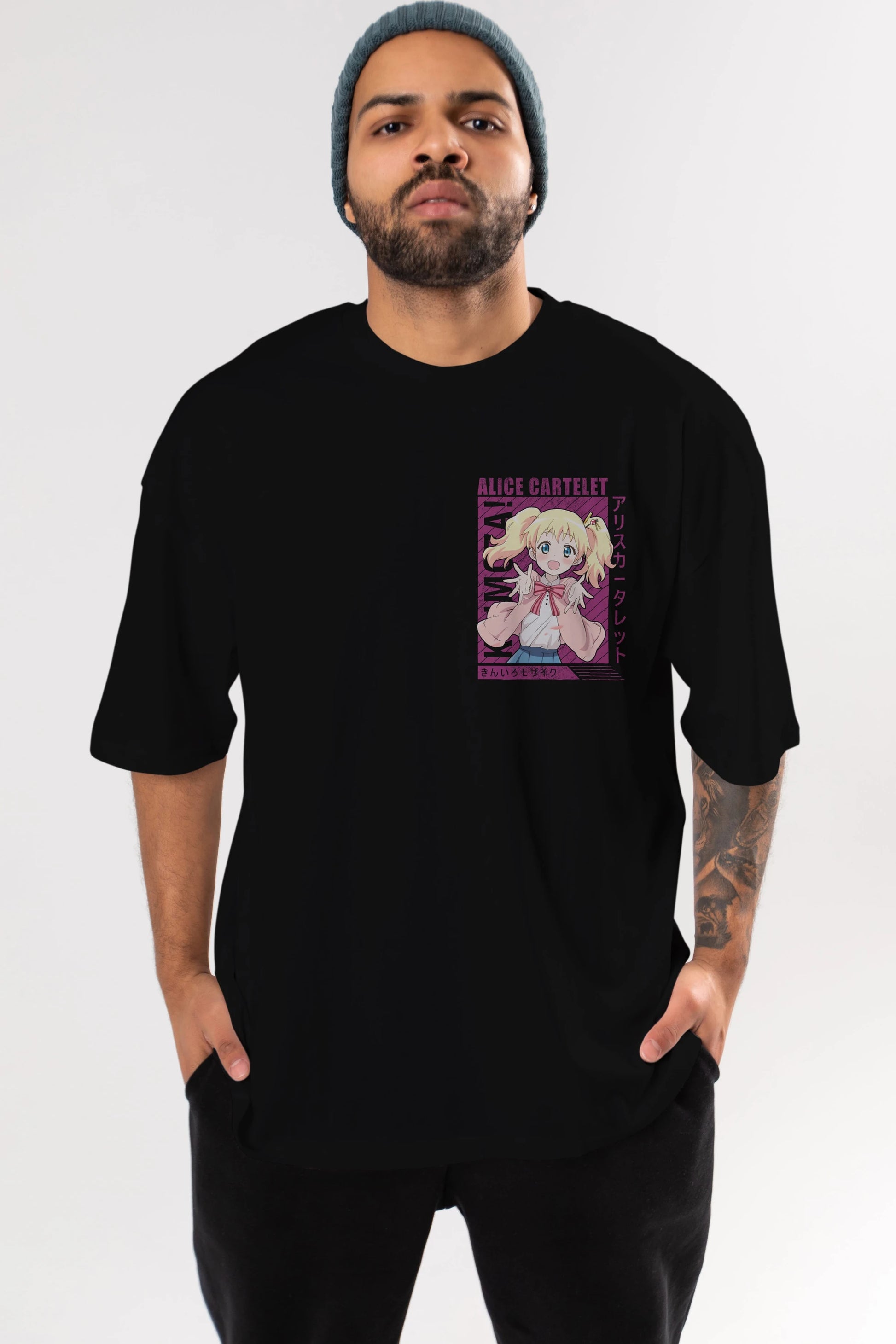 Alice Cartelet 12 Ön Sol Baskılı Oversize t-shirt Erkek Kadın Unisex %100 Pamuk Bisiklet Yaka tişort