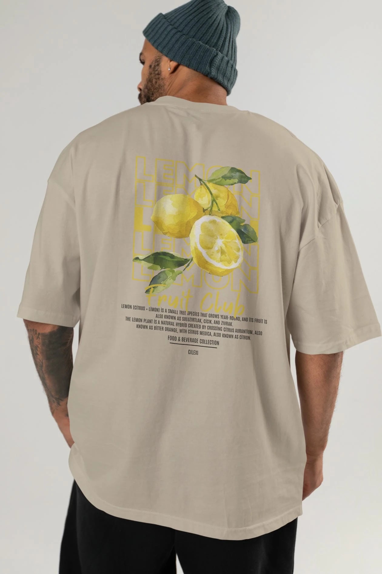 Lemon Arka Baskılı Oversize t-shirt Erkek Kadın Pamuk Bisiklet Yaka tişort