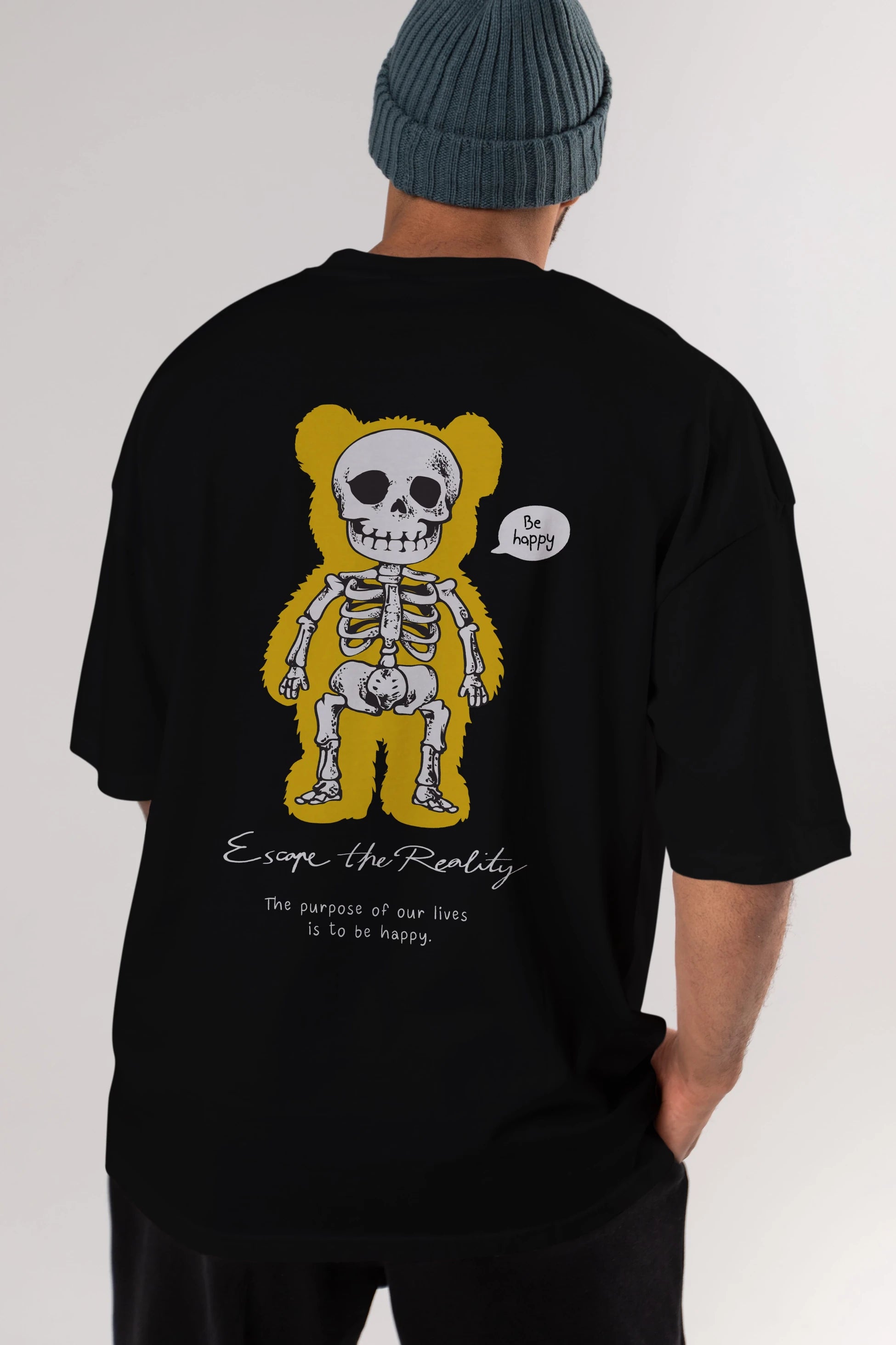 Be Happy Bear Arka Baskılı Oversize t-shirt Erkek Kadın Unisex