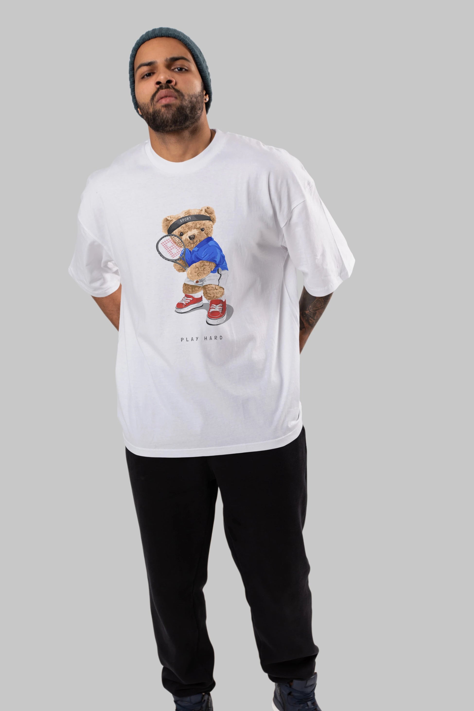 Teddy Bear Play Hard Ön Baskılı Oversize t-shirt Erkek Kadın Unisex %100 Pamuk