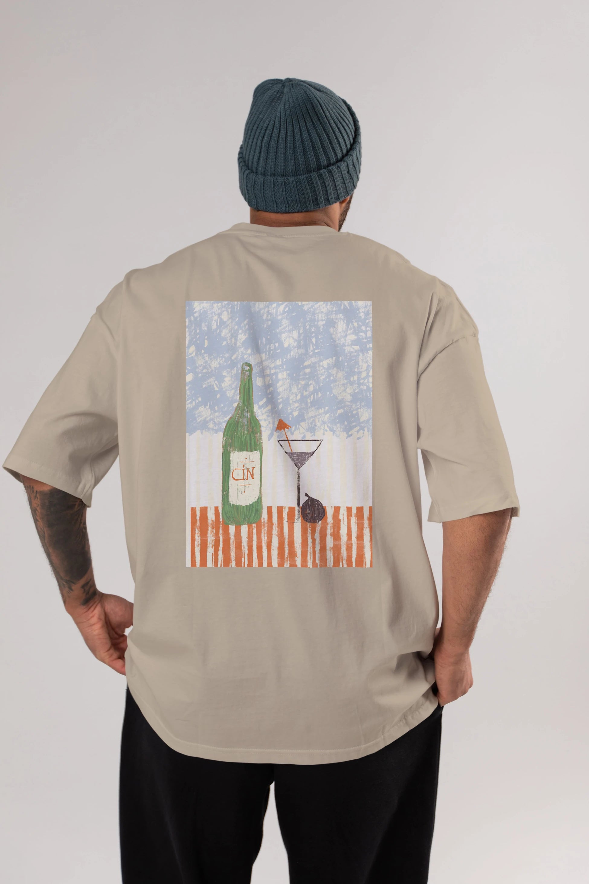Gin Arka Baskılı Oversize t-shirt Erkek Kadın Unisex %100 Pamuk Bisiklet Yaka tişort
