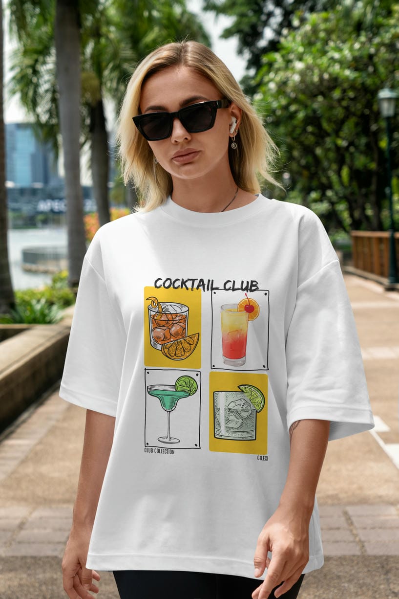 Cocktail Club ön Baskılı Oversize t-shirt Erkek Kadın %100 Pamuk Bisiklet Yaka tişort