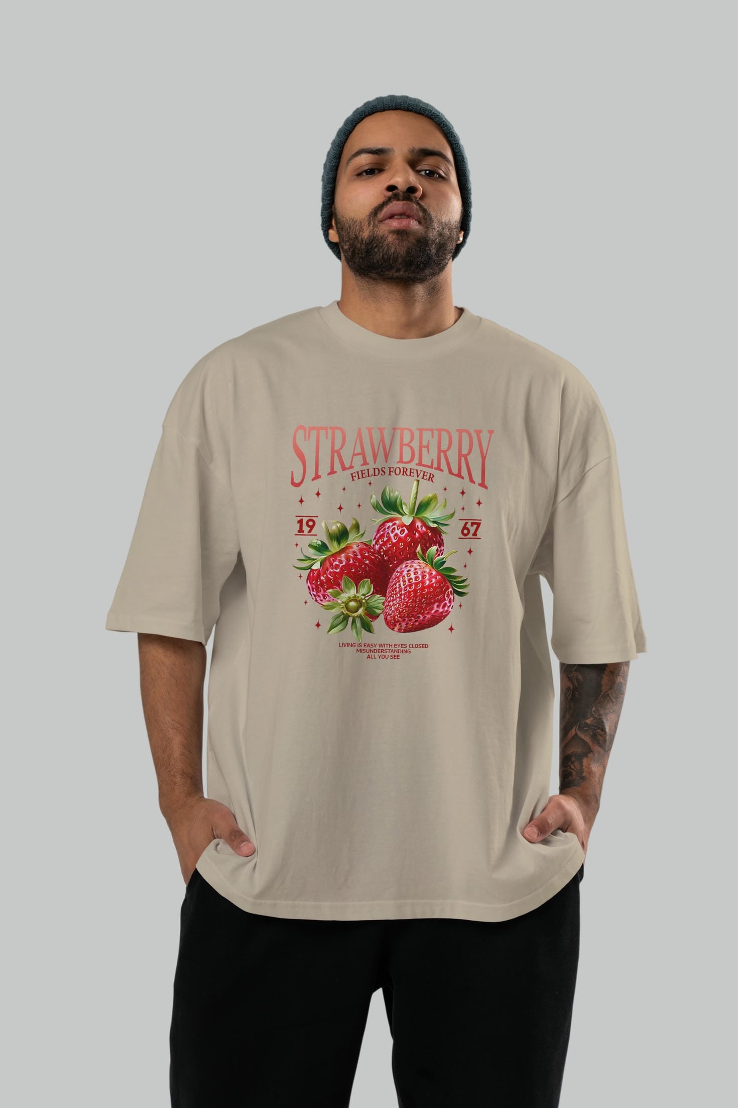 Strawberry Ön Baskılı Oversize t-shirt Erkek Kadın Pamuk Bisiklet Yaka tişort