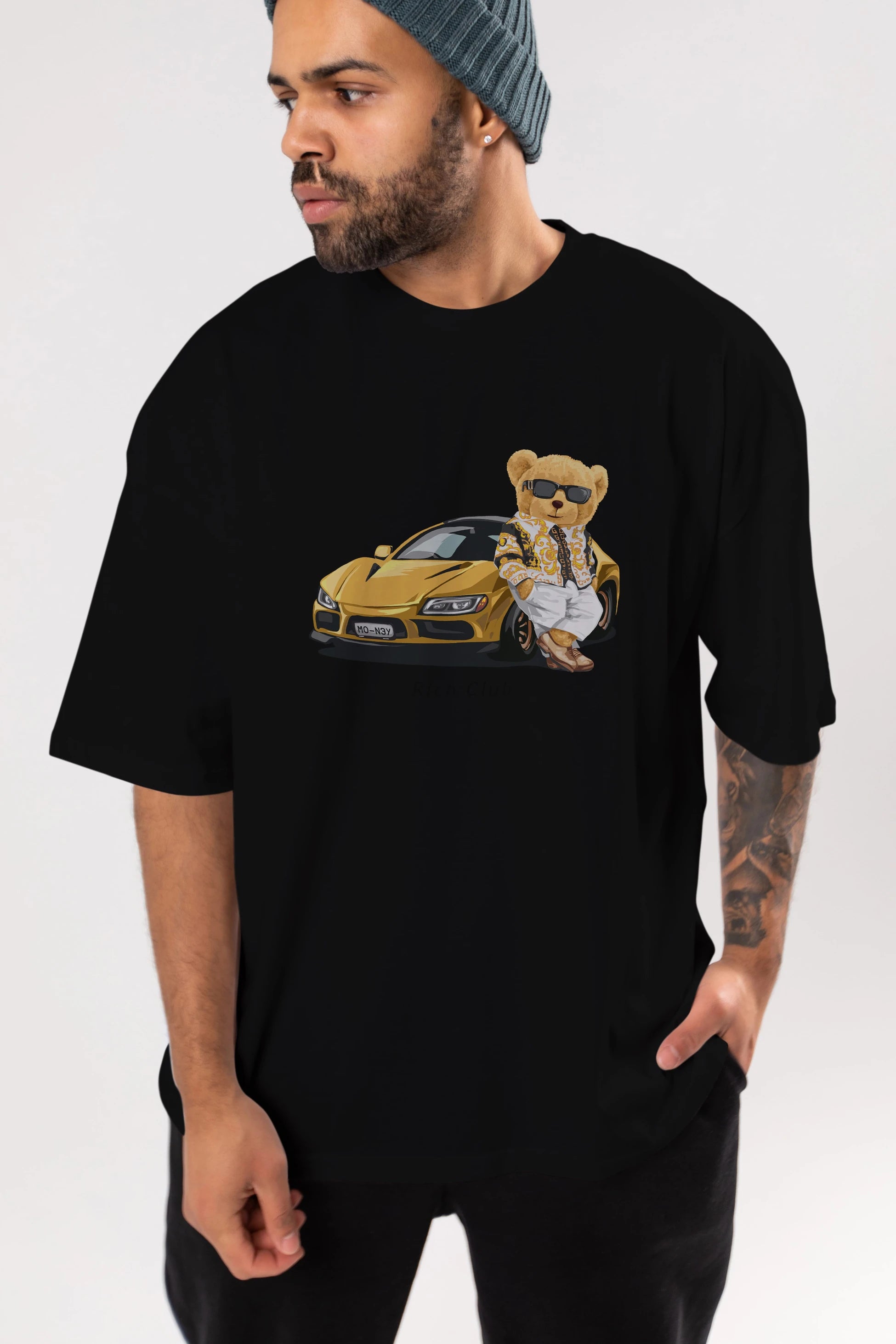 Teddy Bear Rich Club Ön Baskılı Oversize t-shirt Erkek Kadın Unisex %100 Pamuk