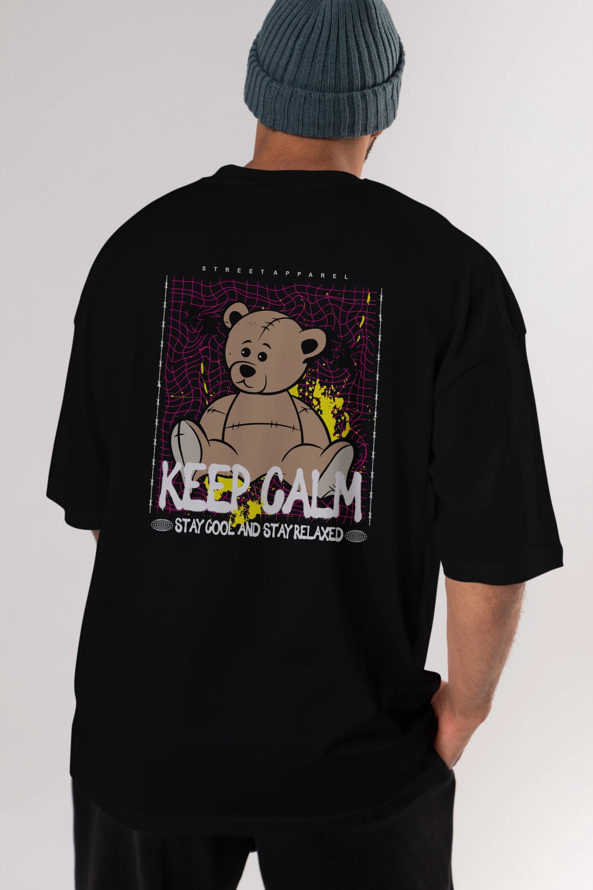 Keep Calm Bear Arka Baskılı Oversize t-shirt Erkek Kadın Unisex