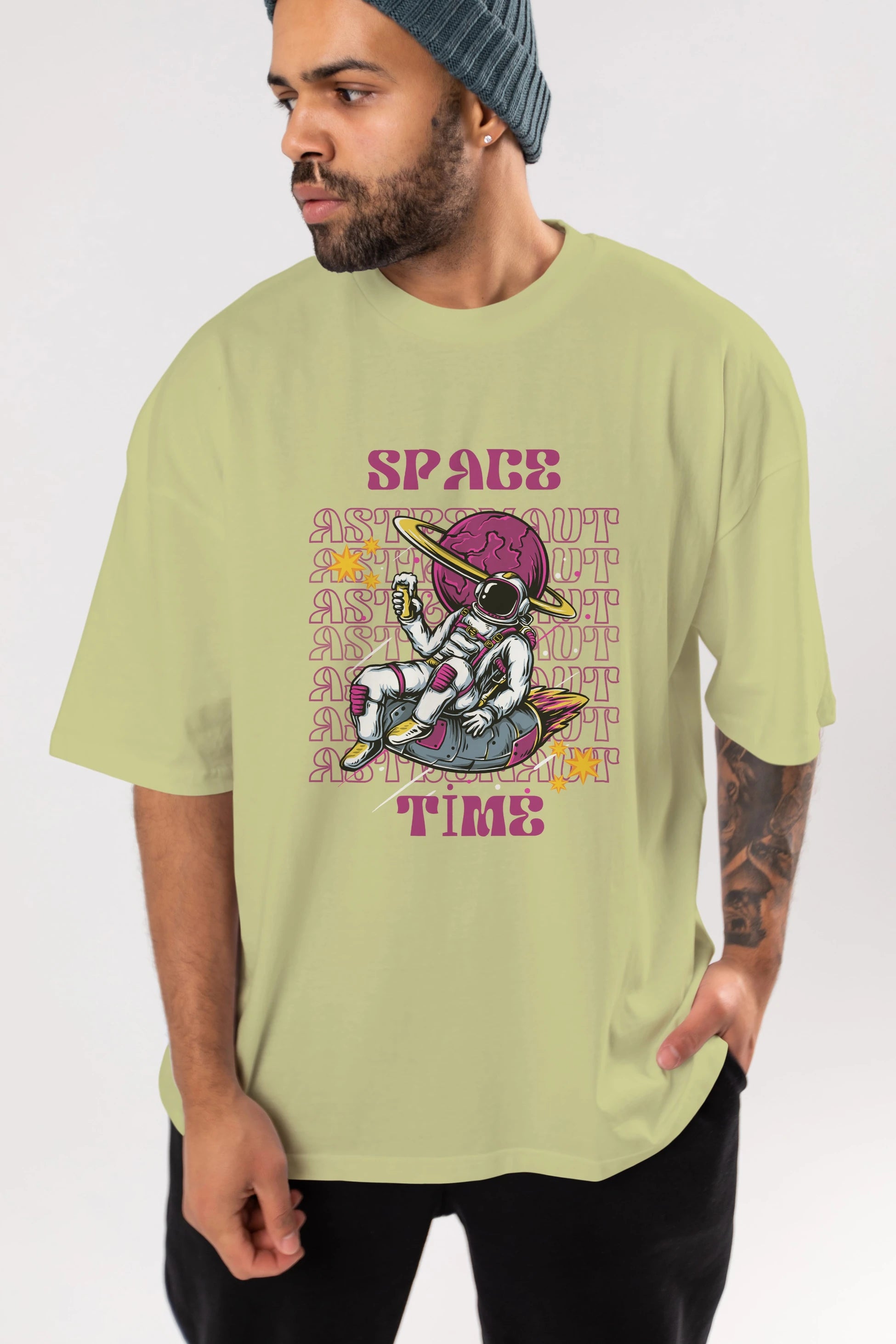 Space Time Astronaut Yazılı Ön Baskılı Oversize t-shirt Erkek Kadın Unisex