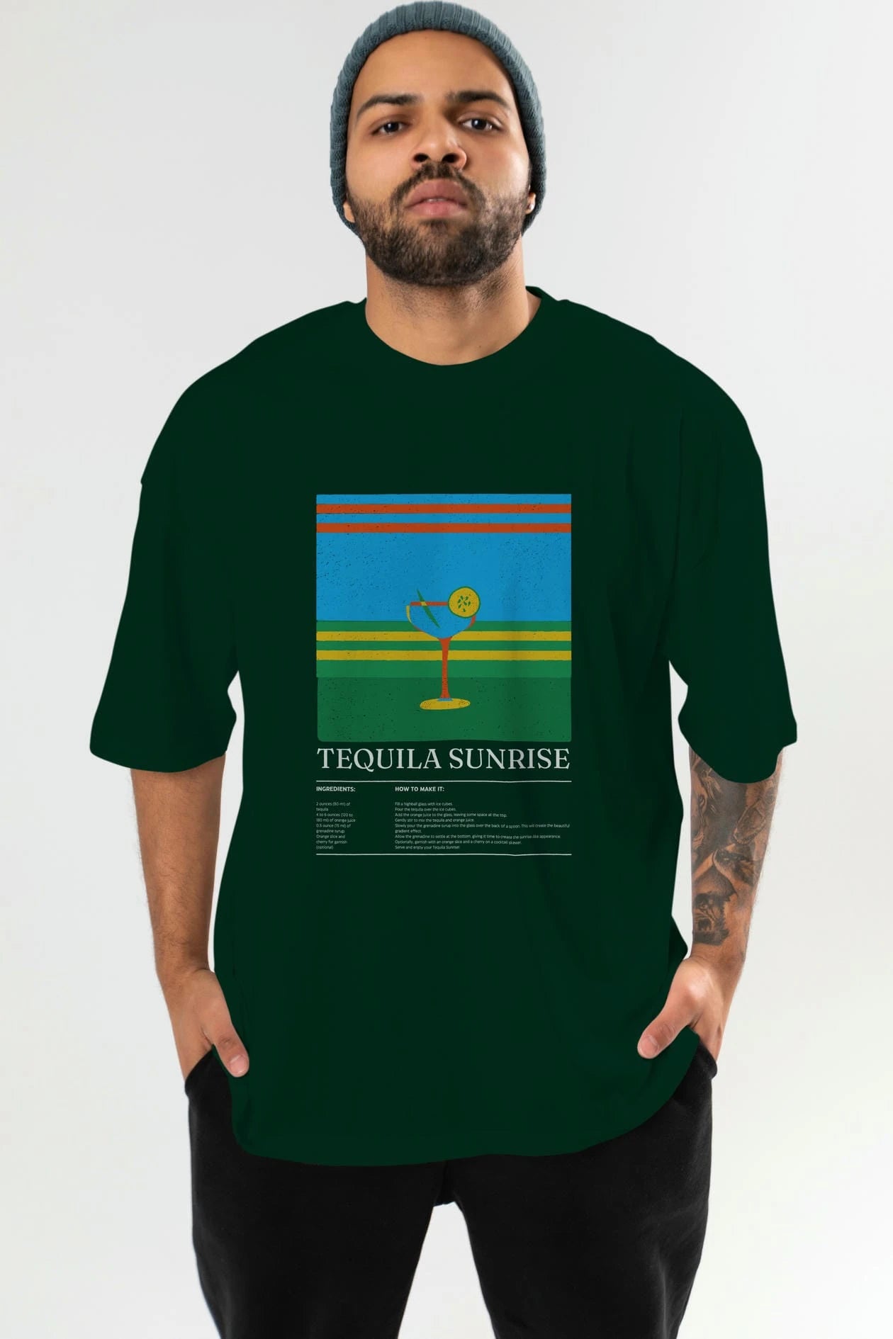 Tequila Sunrise Kokteyl Ön Baskılı Oversize t-shirt Erkek Kadın %100 Pamuk Bisiklet Yaka tişort