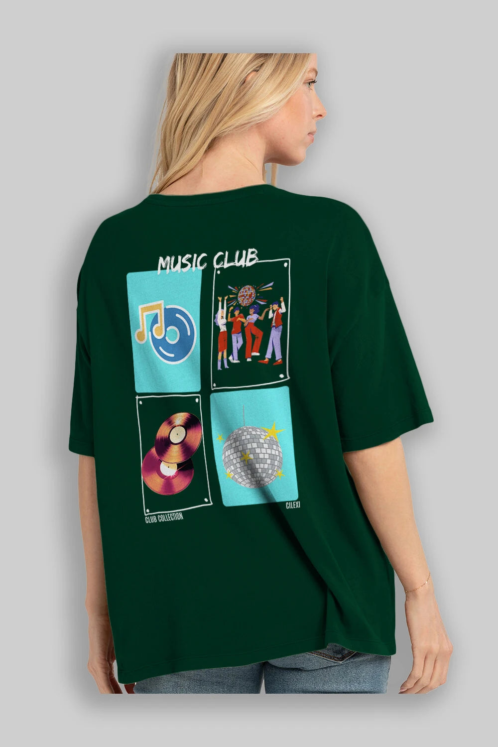 Music Club Arka Baskılı Oversize t-shirt Erkek Kadın %100 Pamuk Bisiklet Yaka tişort