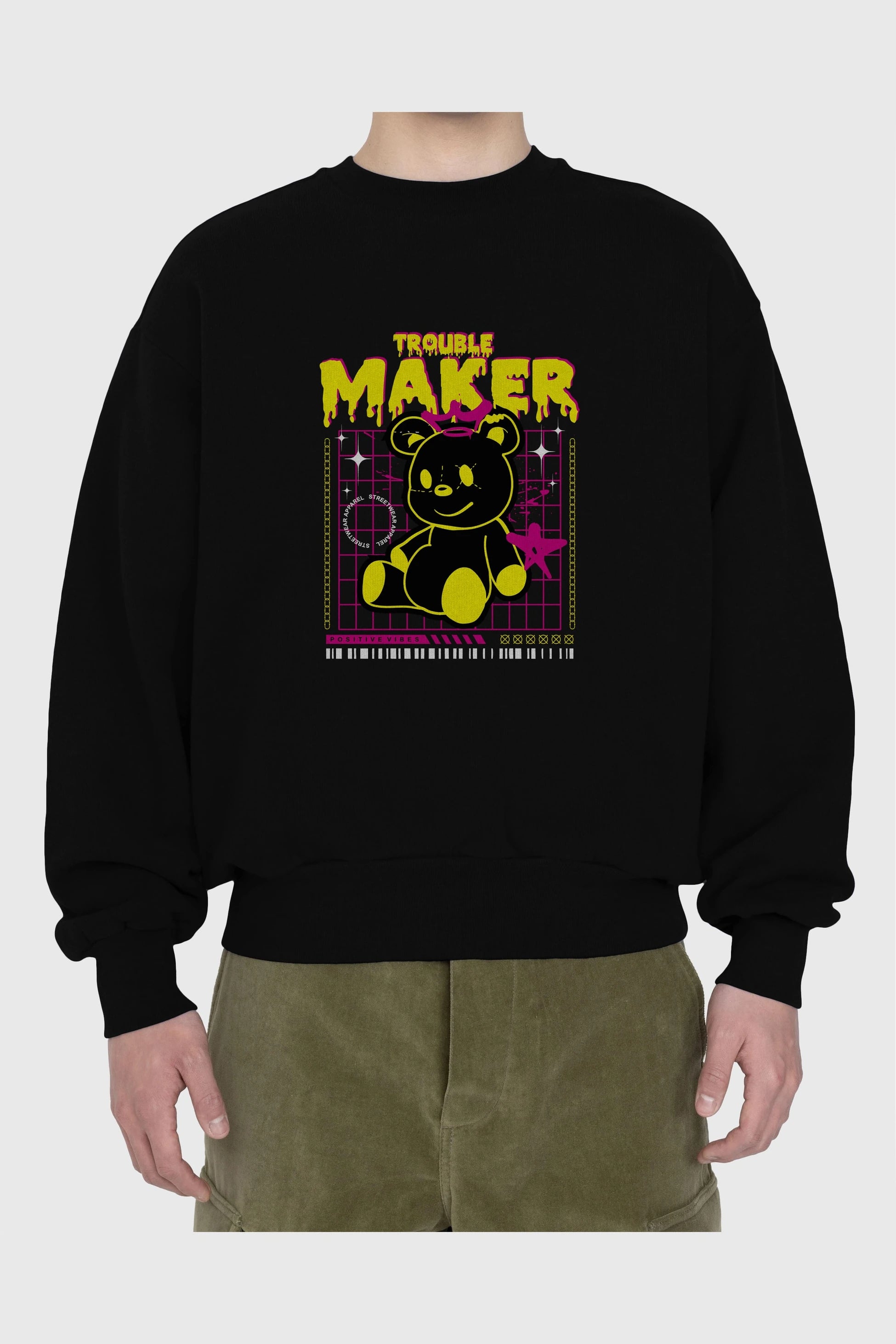 Teddy Bear Trouble Maker Ön Baskılı Oversize Sweatshirt Erkek Kadın Unisex