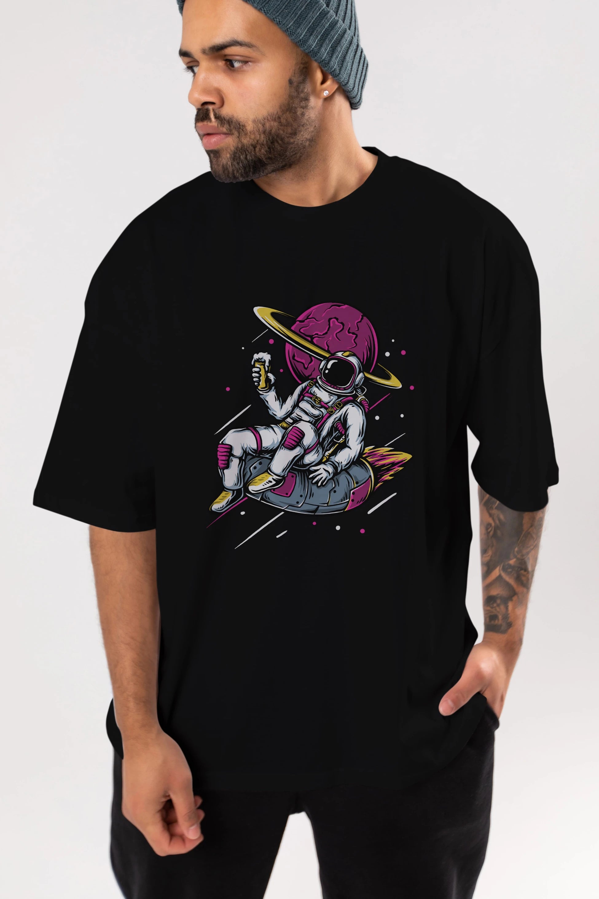 Astronaut Beer Ön Baskılı Oversize t-shirt Erkek Kadın Unisex