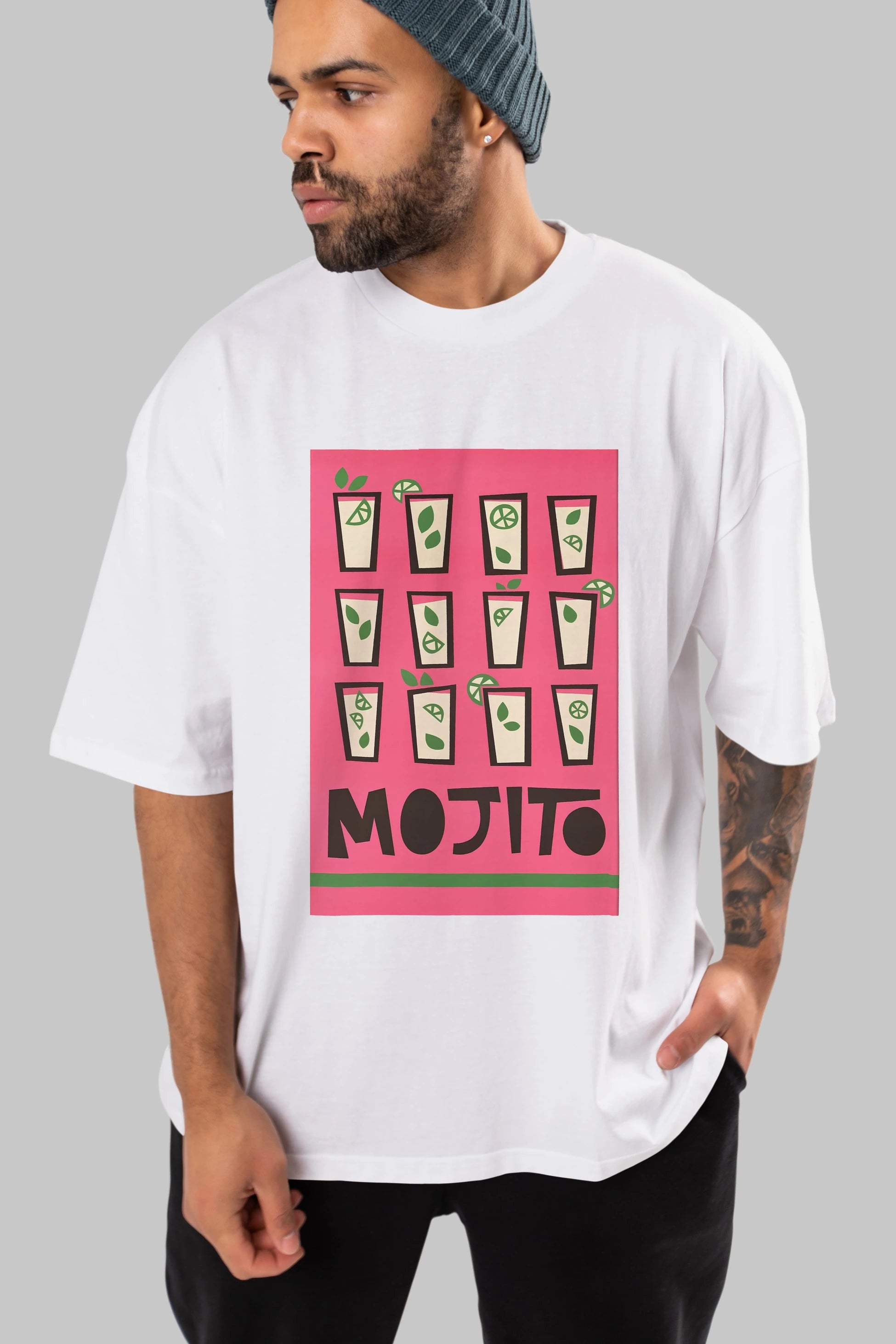 Mojito Ön Baskılı Oversize t-shirt Erkek Kadın Unisex %100 Pamuk Bisiklet Yaka tişort