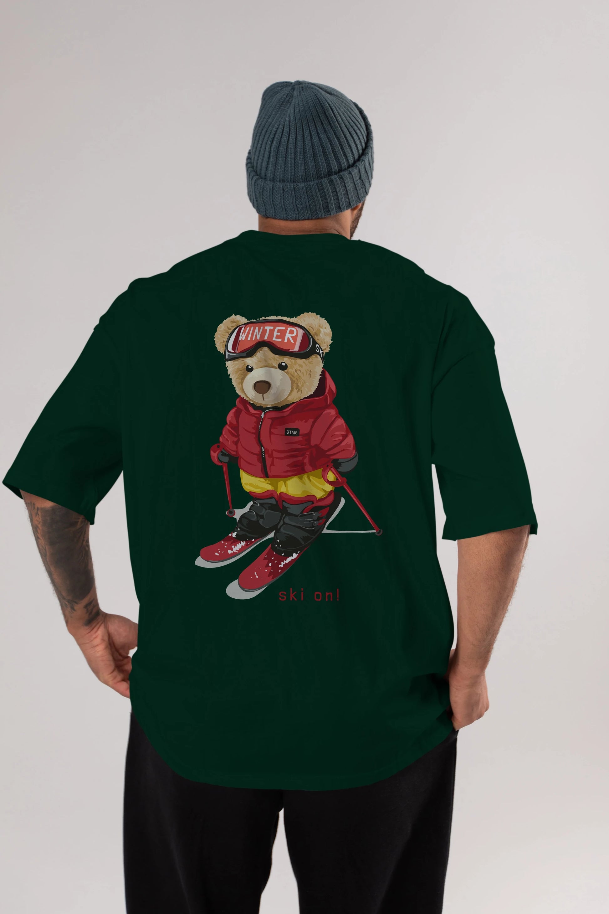 Teddy Bear Ski On Arka Baskılı Oversize t-shirt Erkek Kadın Unisex %100 Pamuk
