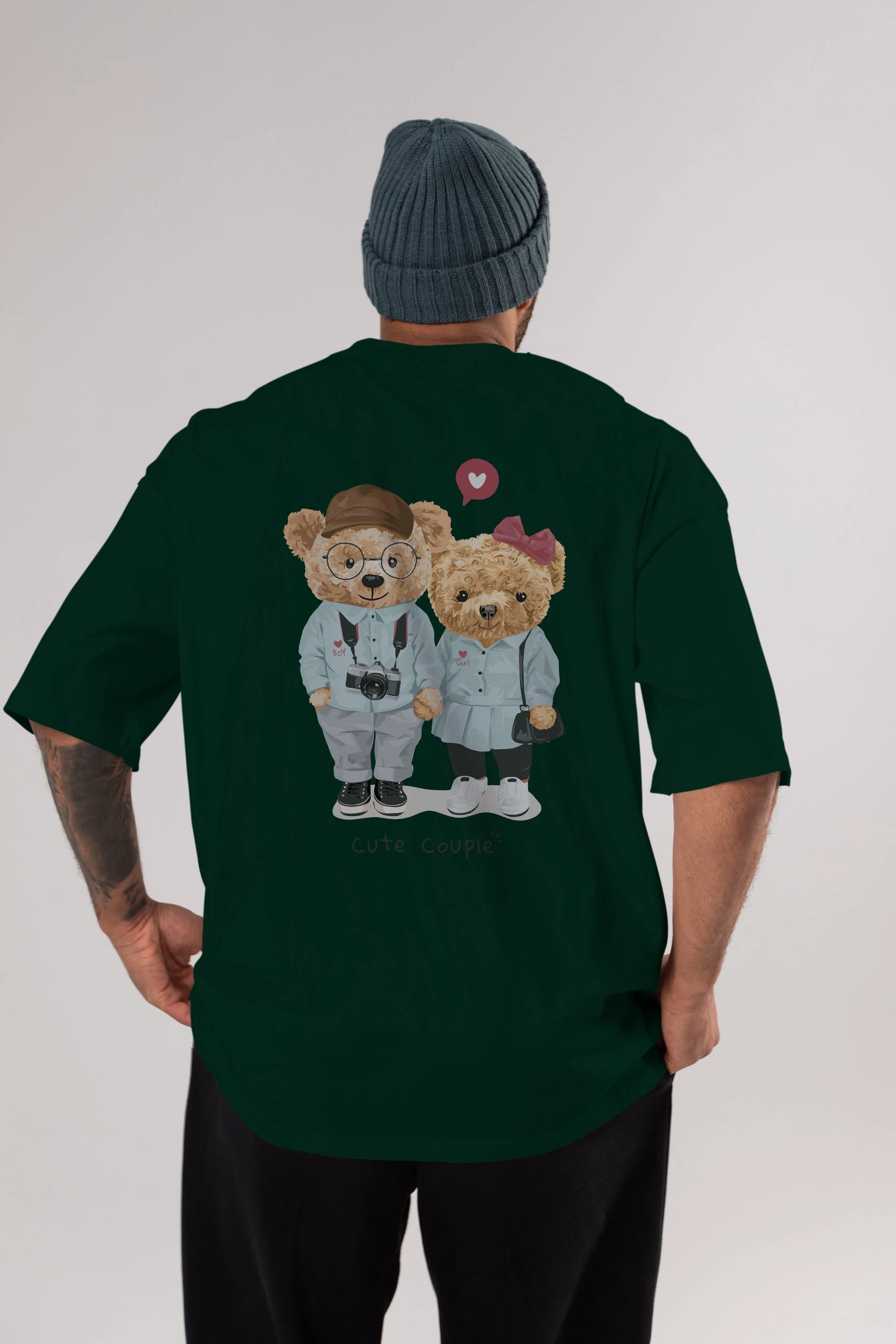 Teddy Bear Cute Couple Arka Baskılı Oversize t-shirt Erkek Kadın Unisex %100 Pamuk