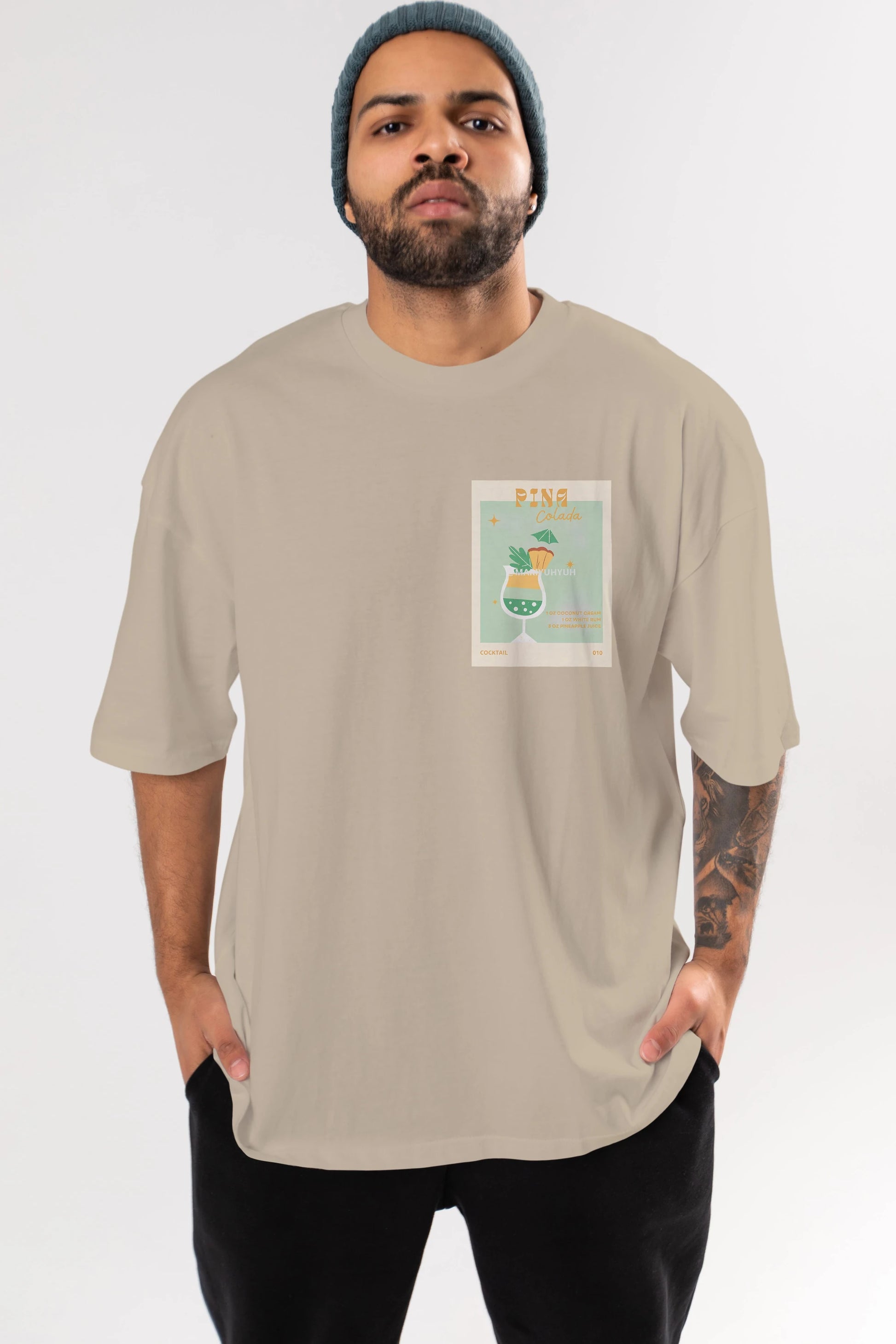 Pina Colada Ön Sol Baskılı Oversize t-shirt Erkek Kadın Unisex %100 Pamuk Bisiklet Yaka tişort