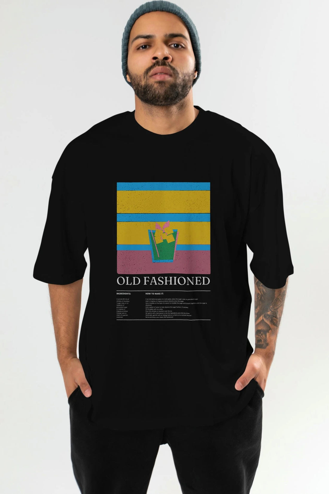 Old Fashioned Kokteyl Ön Baskılı Oversize t-shirt Erkek Kadın %100 Pamuk Bisiklet Yaka tişort