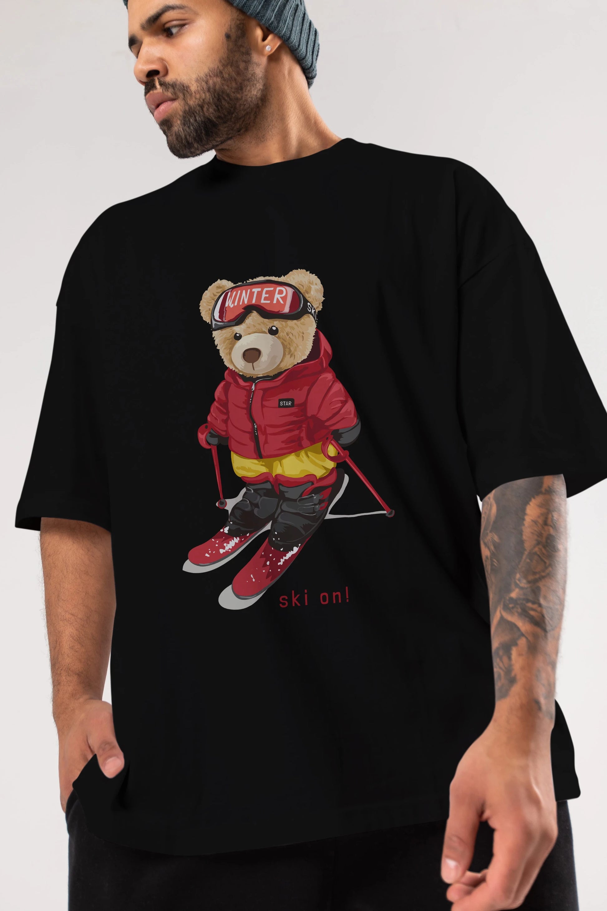 Teddy Bear Ski On Ön Baskılı Oversize t-shirt Erkek Kadın Unisex %100 Pamuk