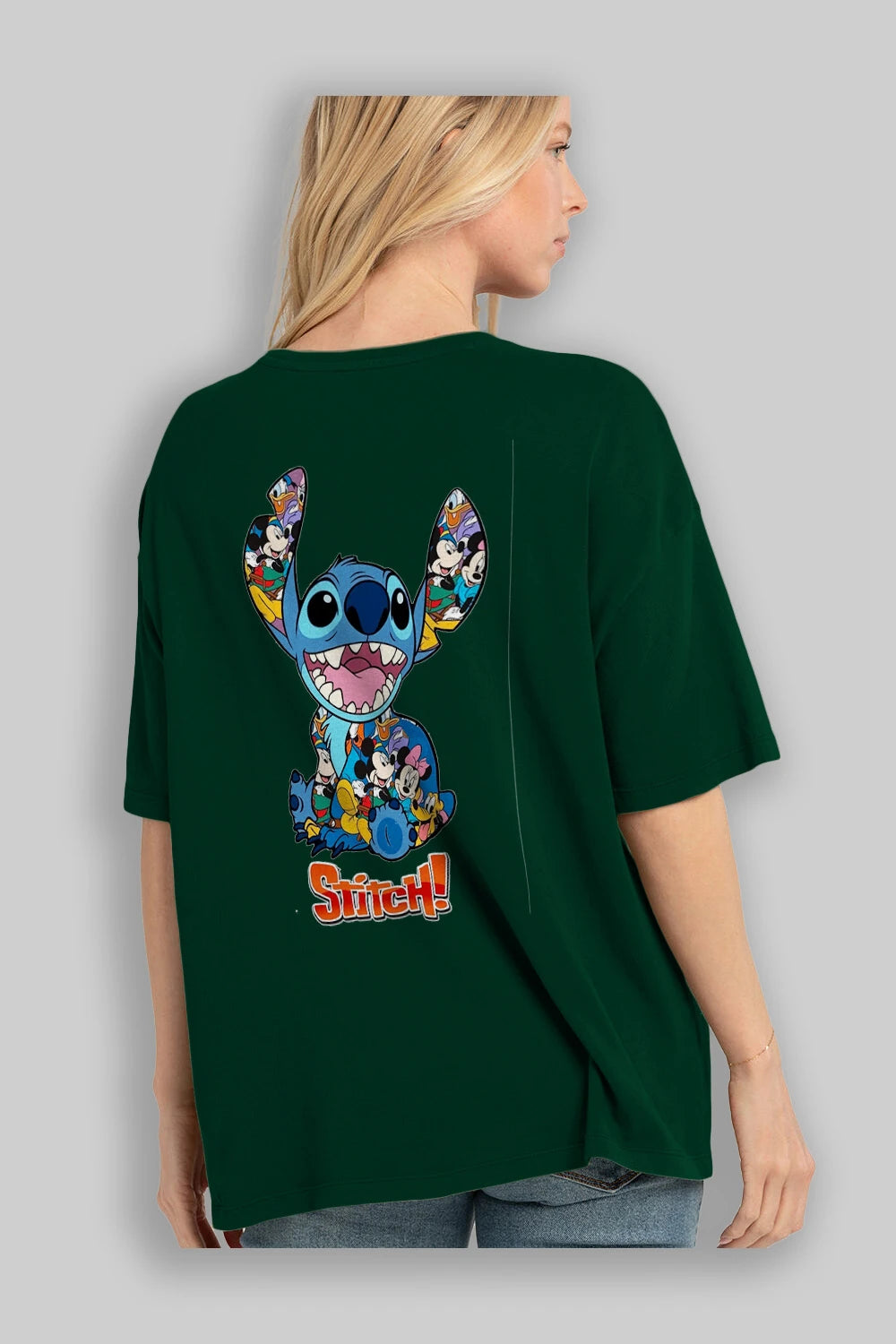 Stitch Arka Baskılı Oversize t-shirt Erkek Kadın Unisex %100 Pamuk Bisiklet Yaka tişort