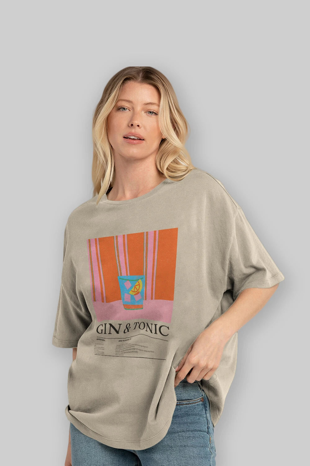 Gin tonic Kokteyl Ön Baskılı Oversize t-shirt Erkek Kadın %100 Pamuk Bisiklet Yaka tişort