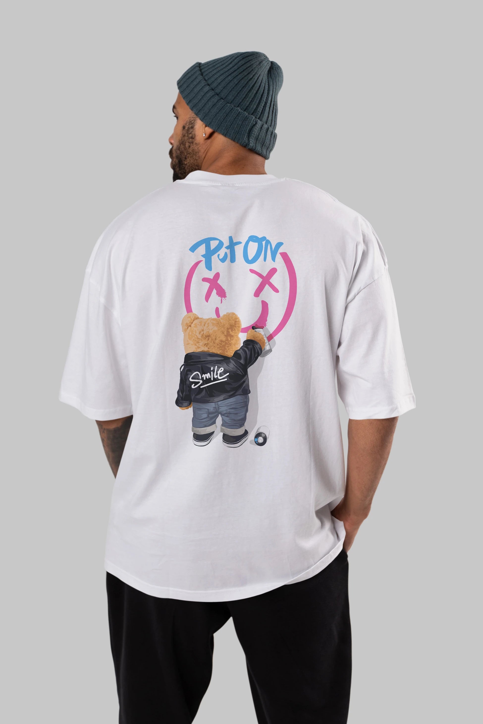 Put on Smile Bear Arka Baskılı Oversize t-shirt Erkek Kadın Unisex