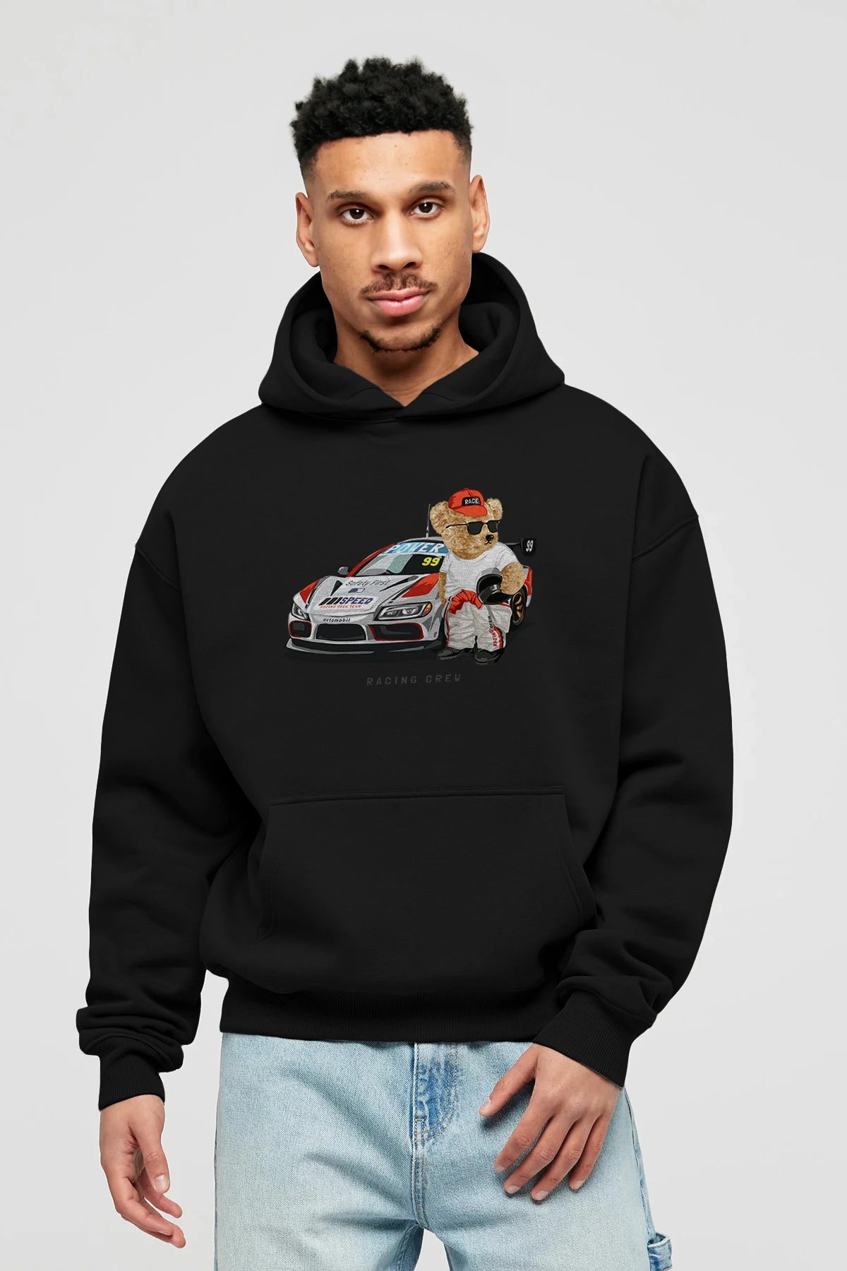 Teddy Bear Racing Crew Ön Baskılı Hoodie Oversize Kapüşonlu Sweatshirt Erkek Kadın Unisex