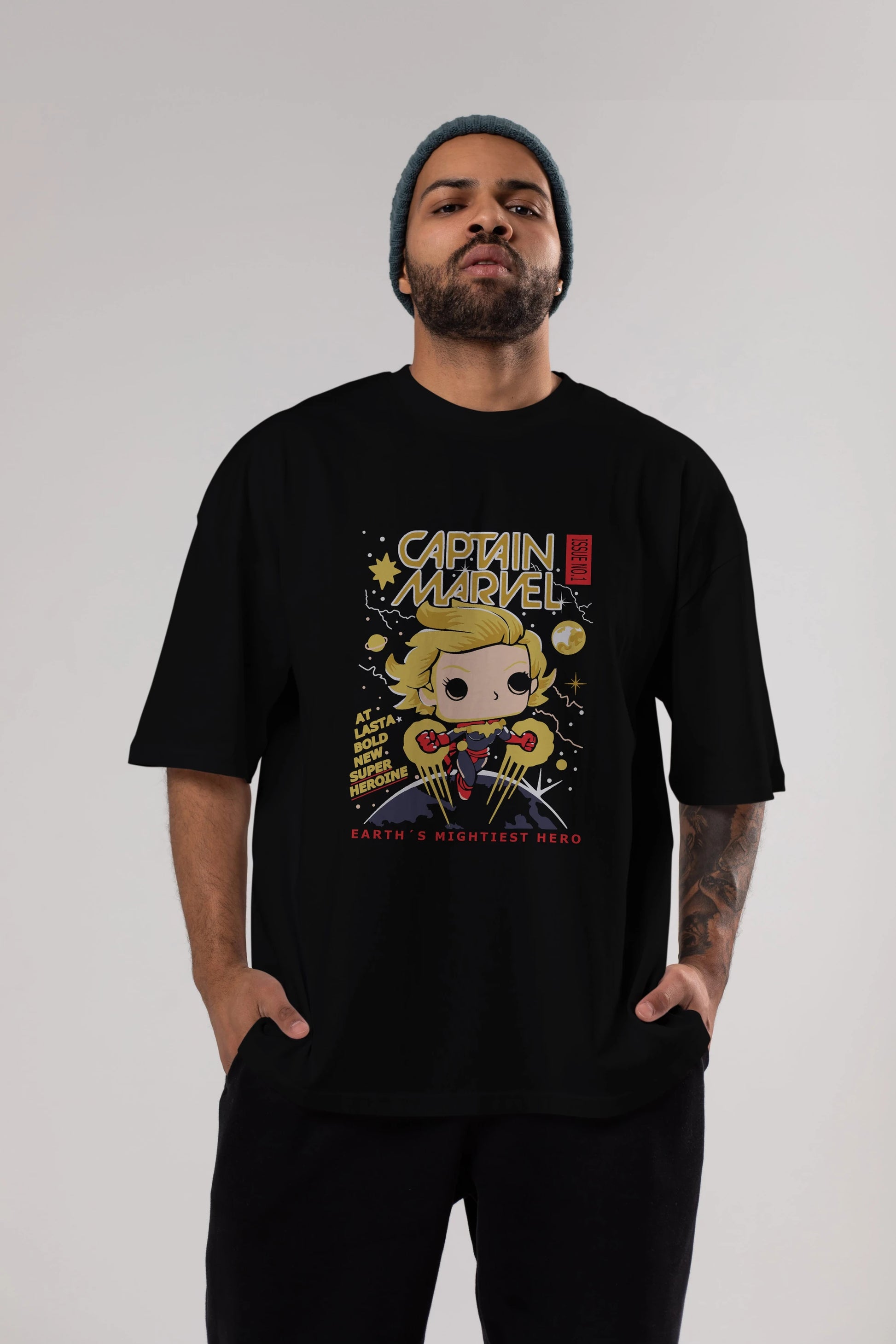 Captain Marvel Ön Baskılı Oversize t-shirt Erkek Kadın Unisex %100 Pamuk Bisiklet Yaka tişort