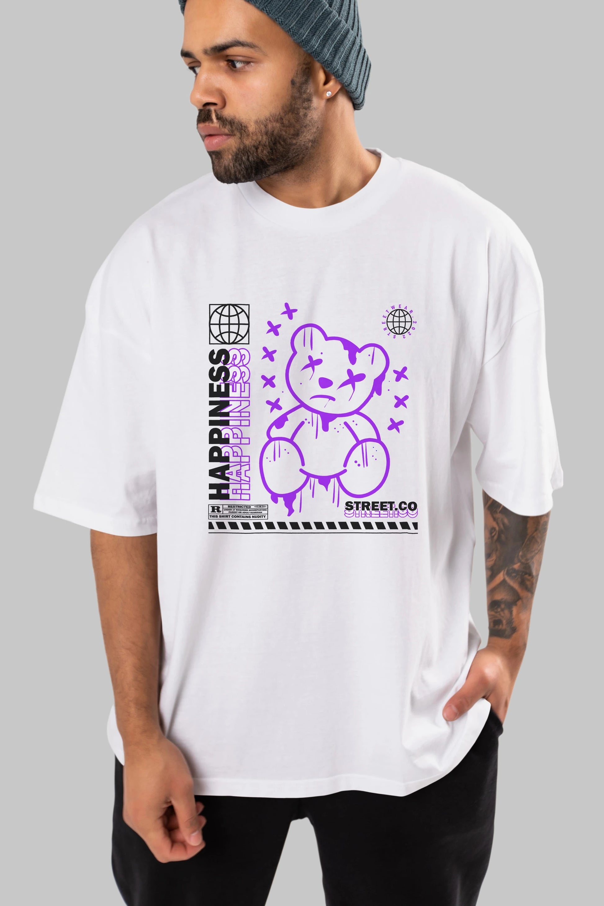 Happiness Bear 3 Ön Baskılı Oversize t-shirt Erkek Kadın Unisex