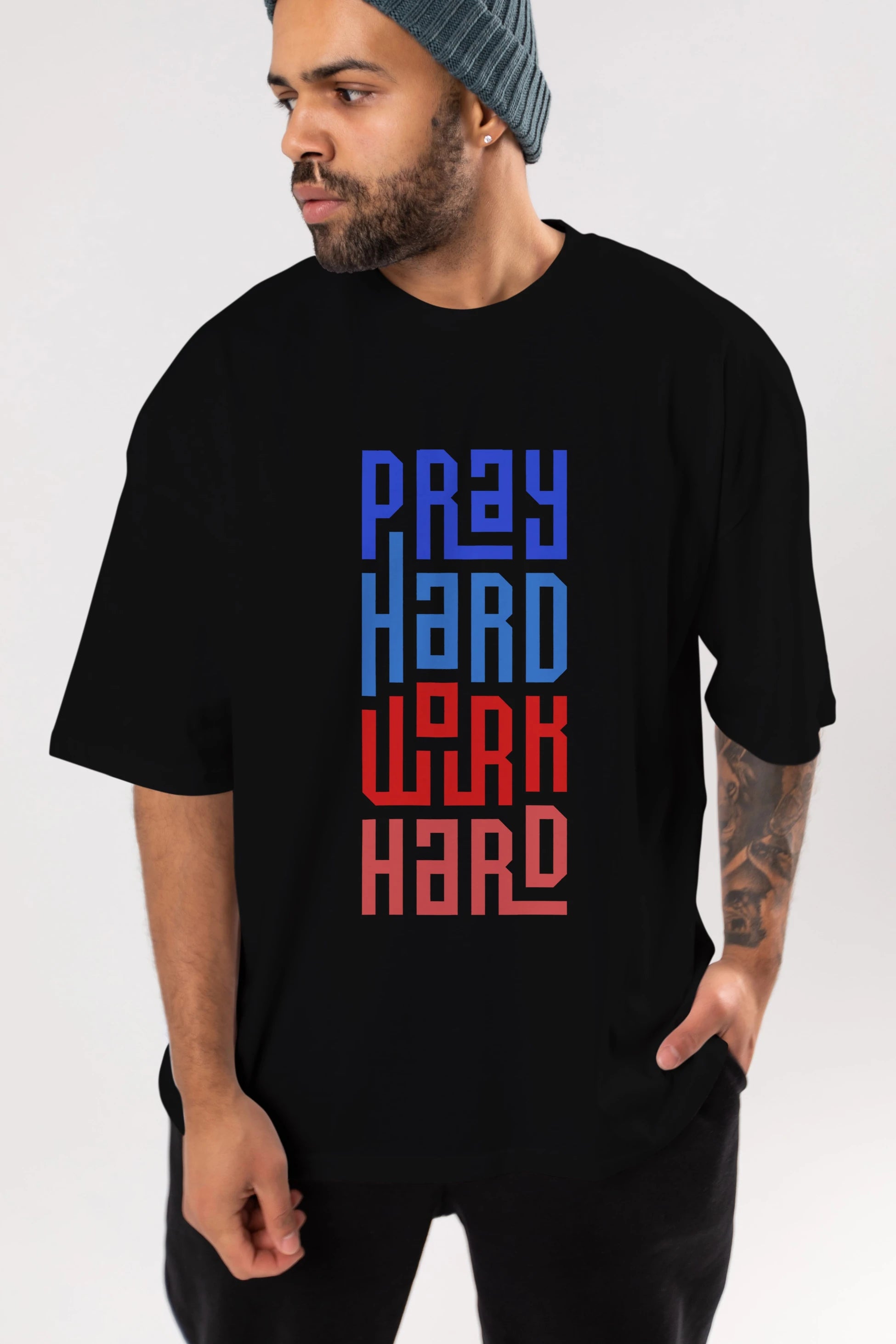 Pray Hard Work Hard Yazılı Ön Baskılı Oversize t-shirt Erkek Kadın Unisex