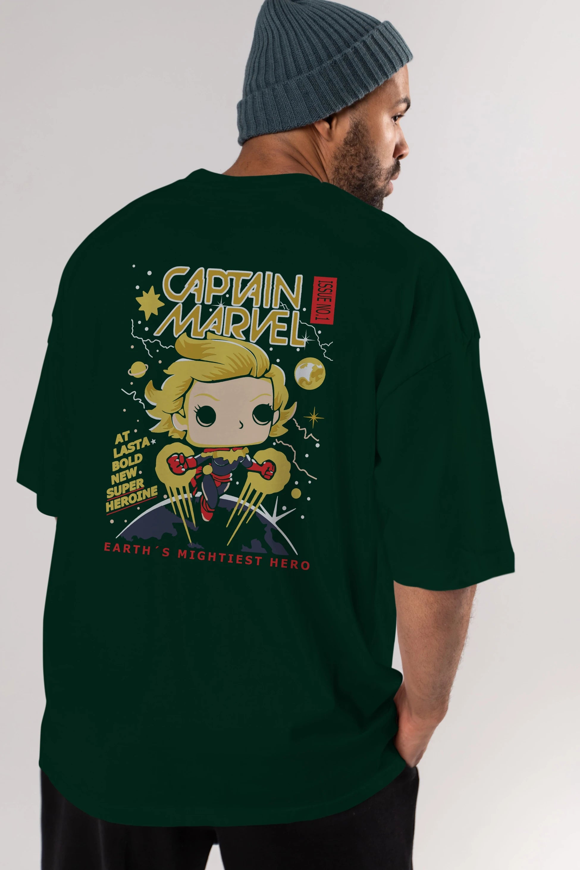 Captain Marvel Arka Baskılı Oversize t-shirt Erkek Kadın Unisex %100 Pamuk Bisiklet Yaka tişort