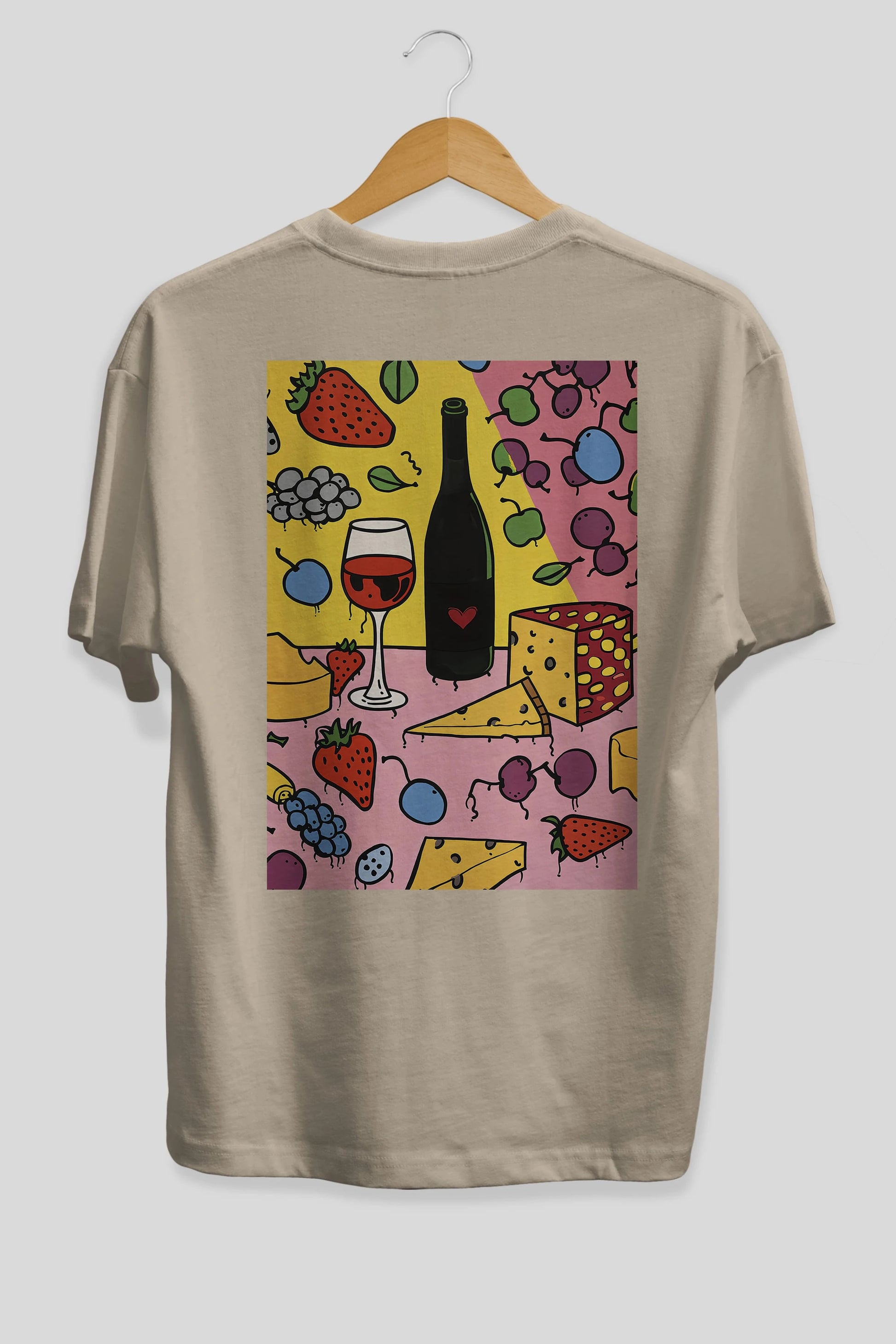 Wine Cheese Fruits Arka Baskılı Oversize t-shirt Erkek Kadın Unisex %100 Pamuk Bisiklet Yaka tişort