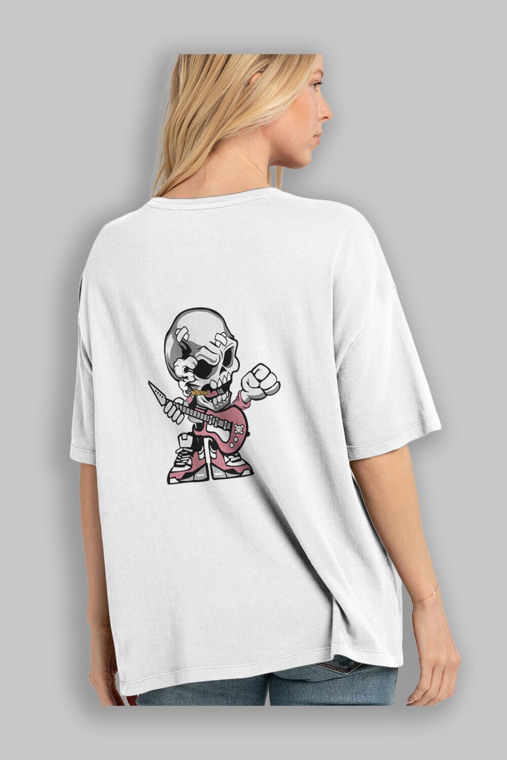 Skull Rockstar Arka Baskılı Oversize t-shirt Erkek Kadın Unisex %100 Pamuk tişort