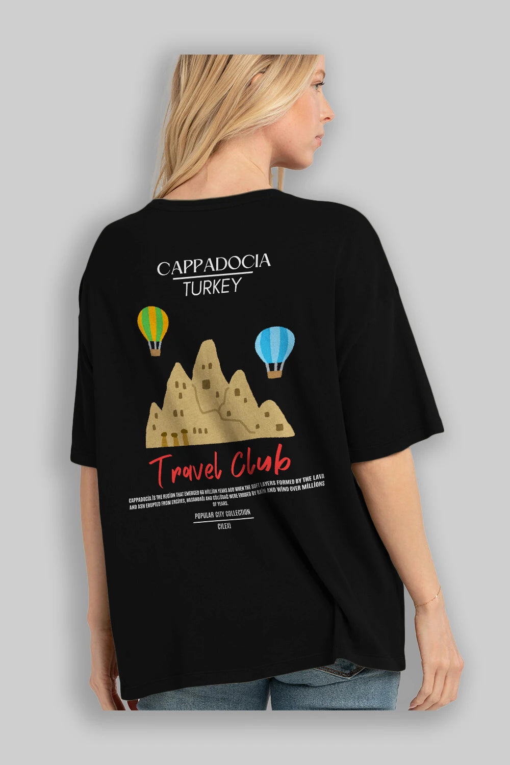 Cappadocia Turkey Arka Baskılı Oversize t-shirt Erkek Kadın Pamuk Bisiklet Yaka tişort