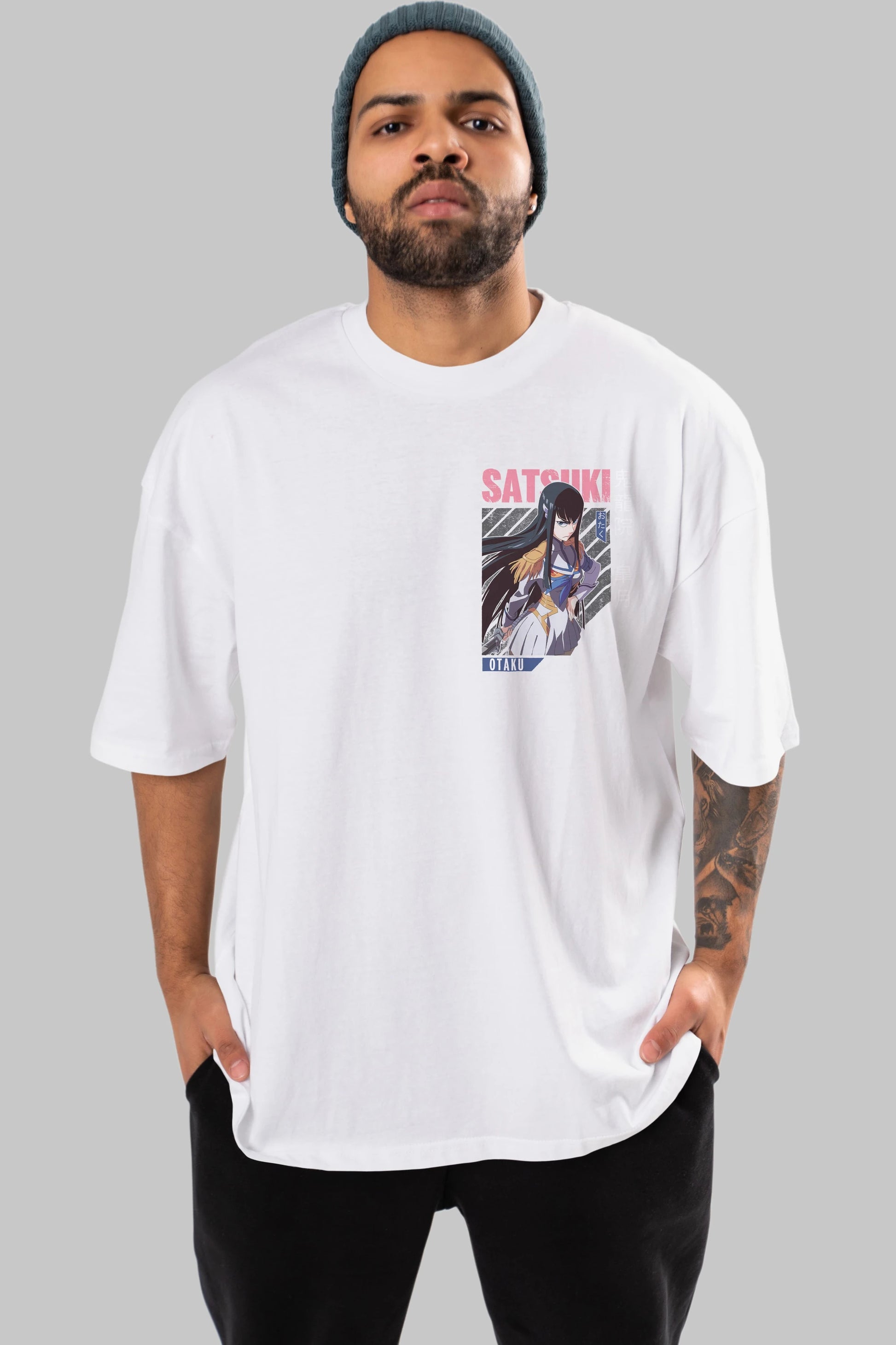 Satsuki Kiryuuin 8 Ön Sol Baskılı Oversize t-shirt Erkek Kadın Unisex %100 Pamuk Bisiklet Yaka tişort