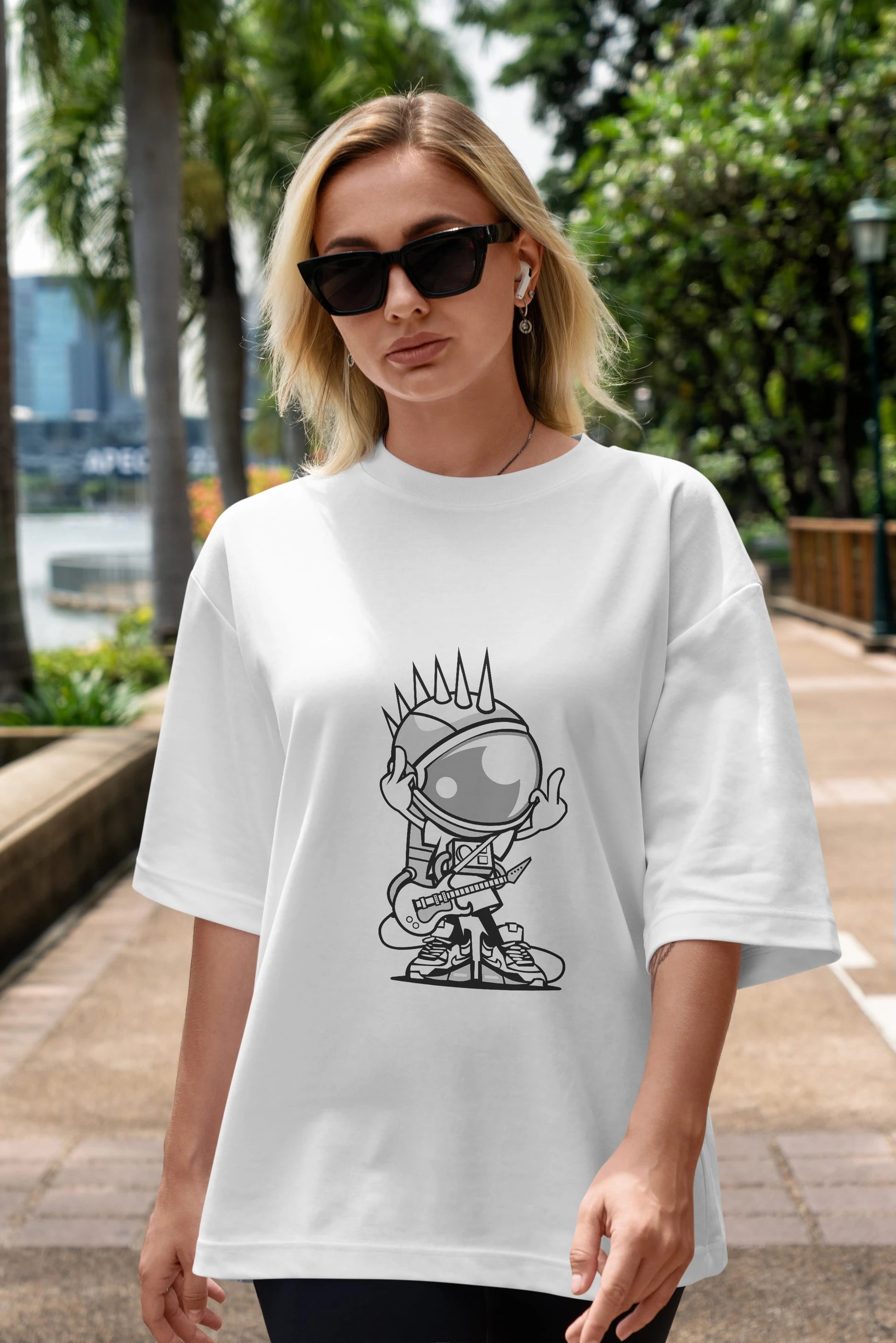 Astronaut Punk Rock Ön Baskılı Oversize t-shirt Erkek Kadın Unisex %100 Pamuk tişort