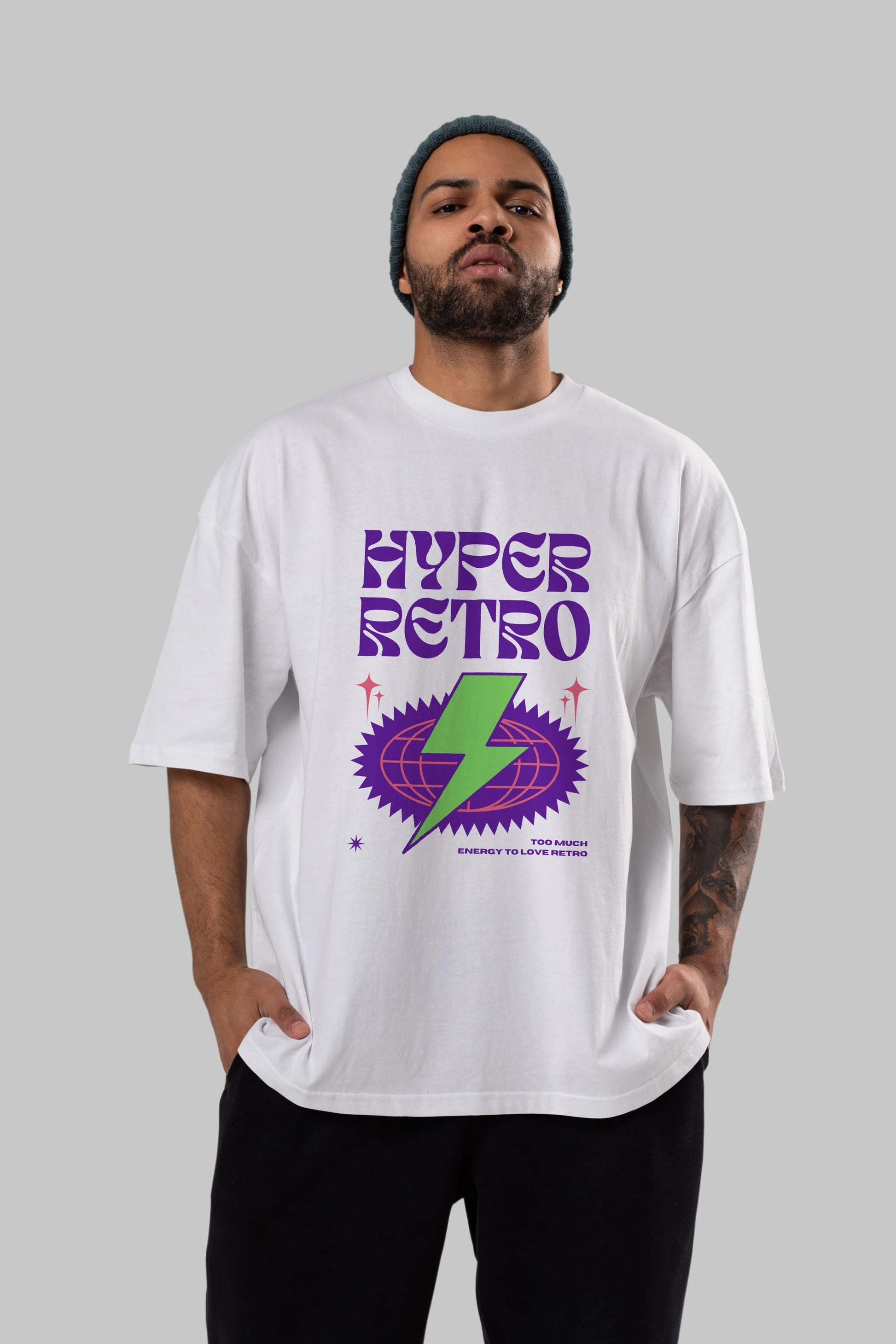 Hyper Retro Yazılı Ön Baskılı Oversize t-shirt Erkek Kadın Unisex